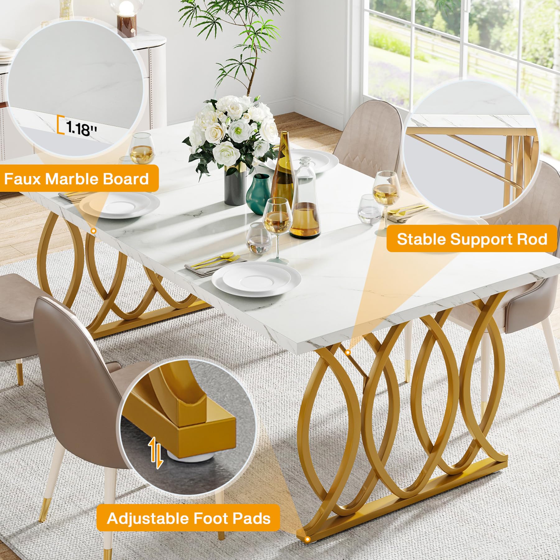 63" Marble Top Dining Table for 4-6