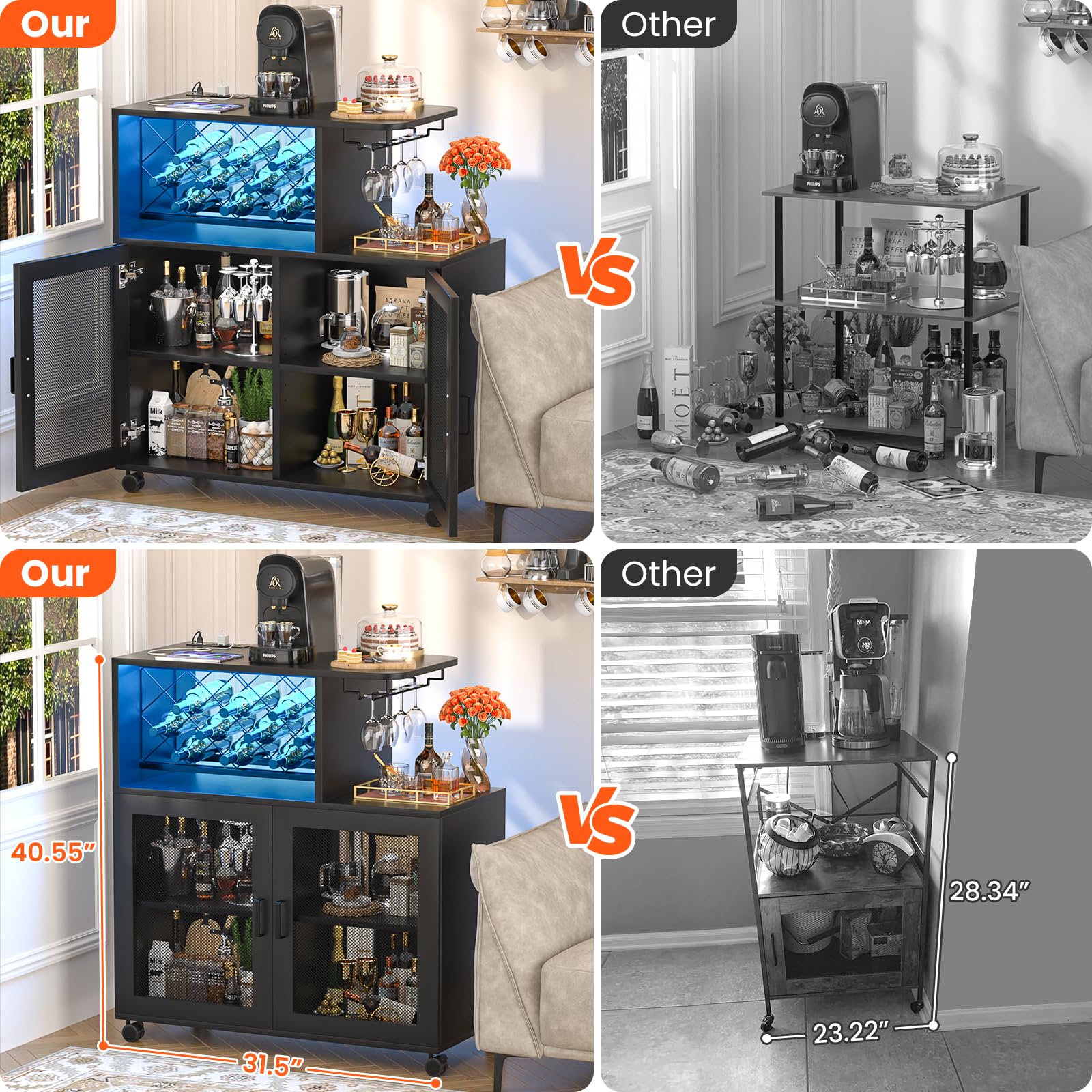 Wine Bar Cabinet with LED Light & Power Outlets