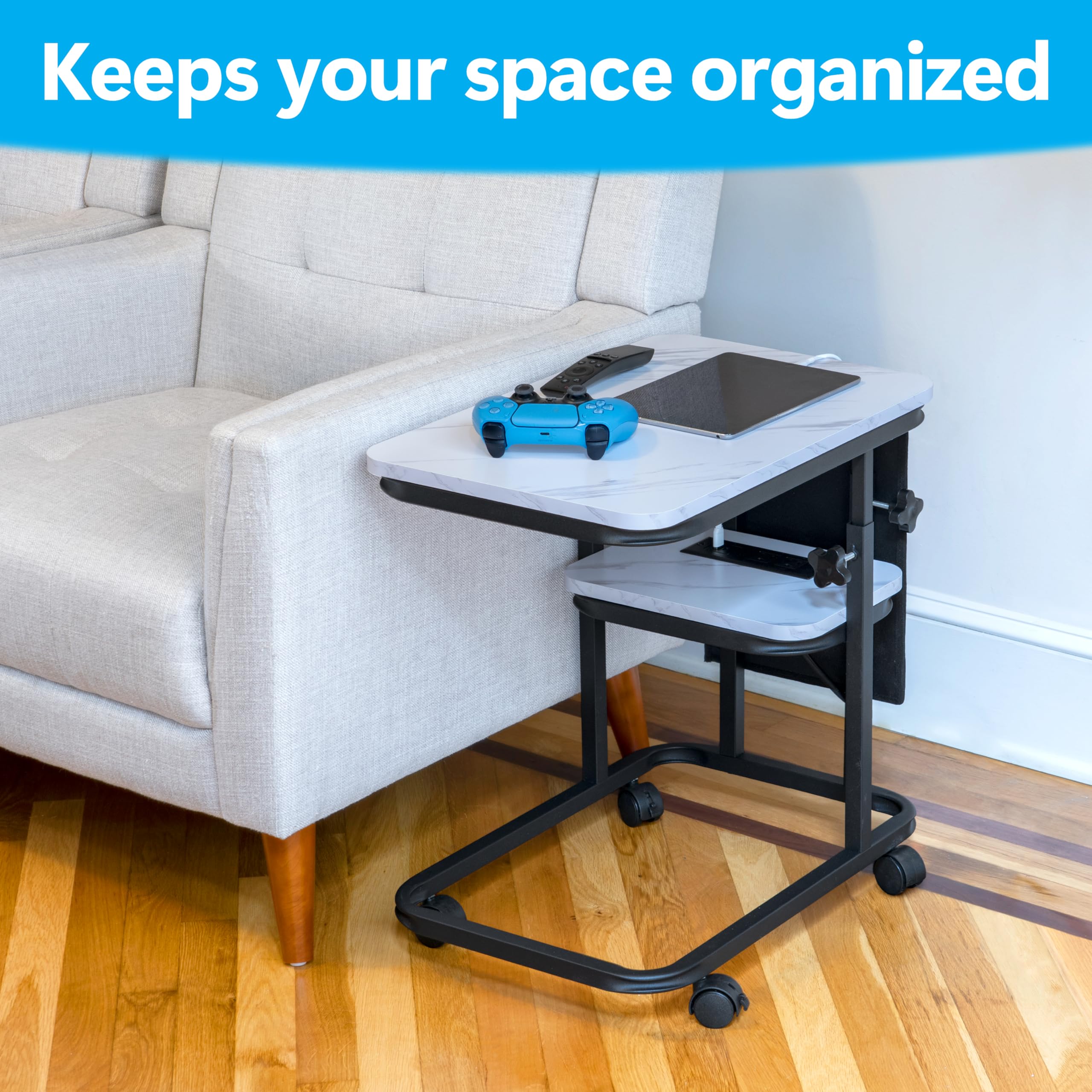 C Shaped End Table with Charging Station, Adjustable Height with Lockable Wheels & Storage Pouch, Rolling Side Table Slide Under Couch Laptop Desk, Small Sofa Table for Living Room (Large)