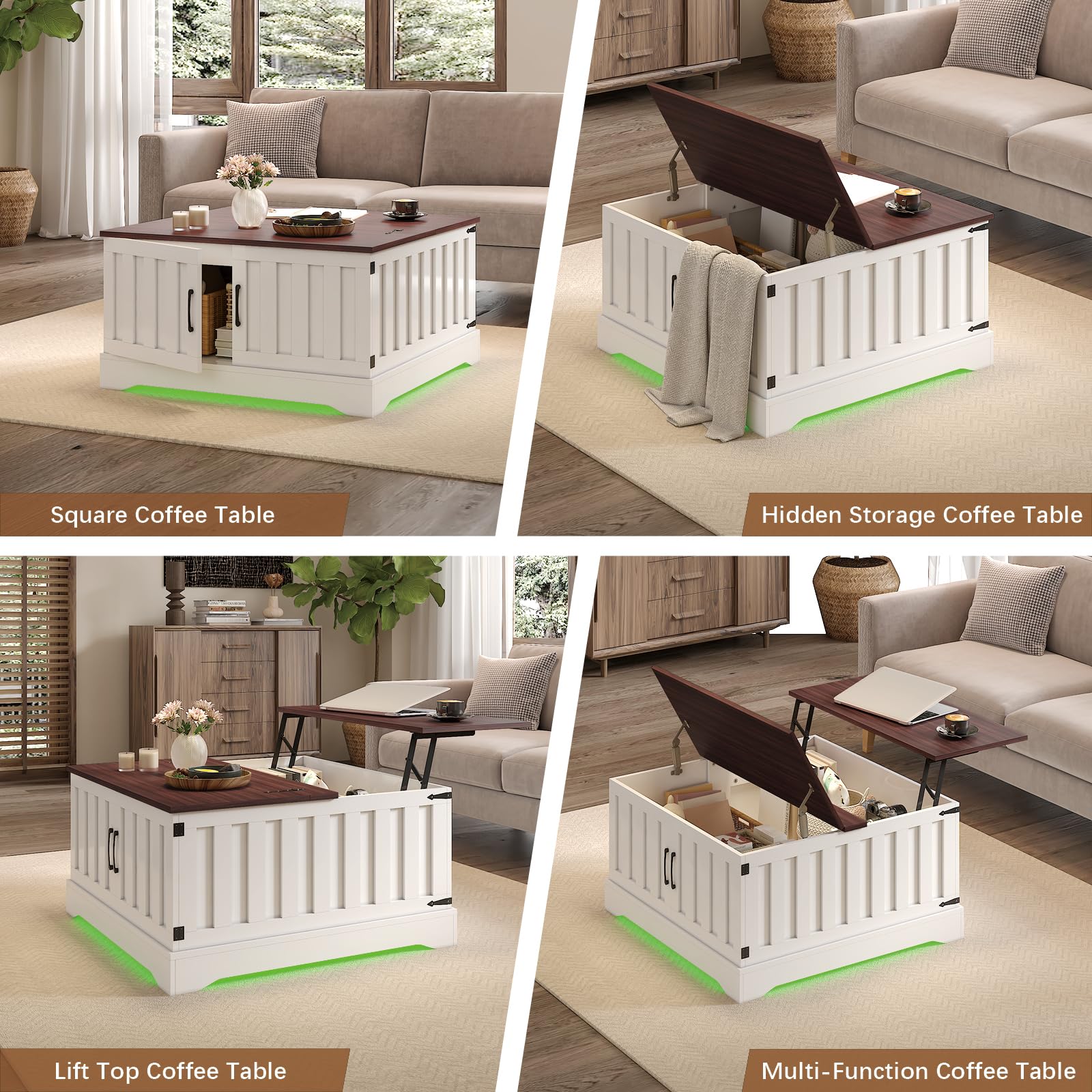 HedoAjim 31.5" Lift Top Coffee Table with Storage, Led Square White Coffee Table with Large Hidden Storage, Wood Living Room Table Center Table for Living Room Dining Reception Room