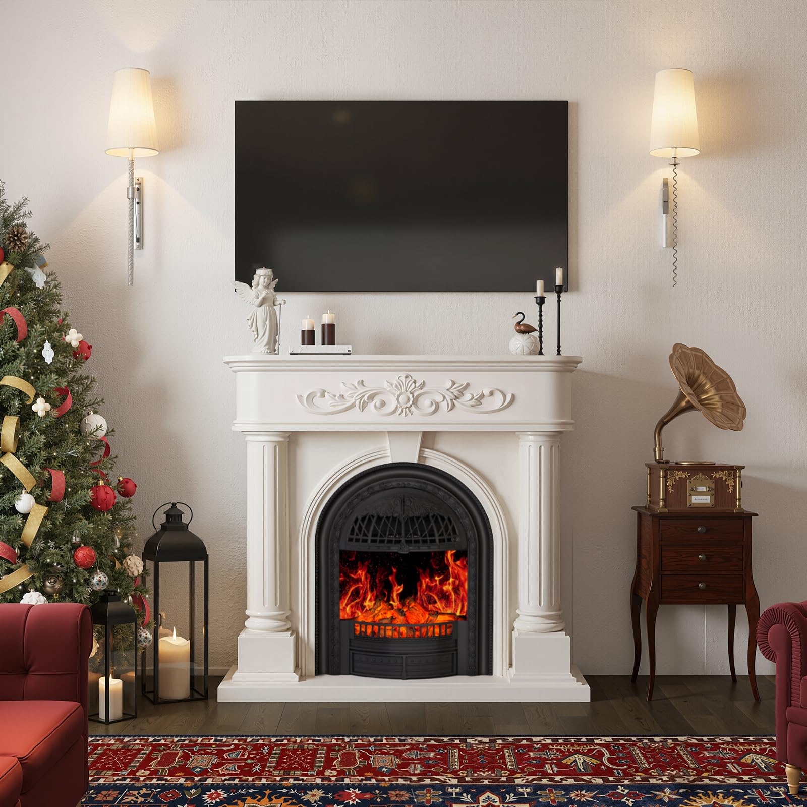 50” Solid Wood Electric Fireplace with Mantel, White Roman Column TV Stand with Black Arched Birdcage Heater Insert, Elegant Fireplace for Living Room, Bedroom & Entryway