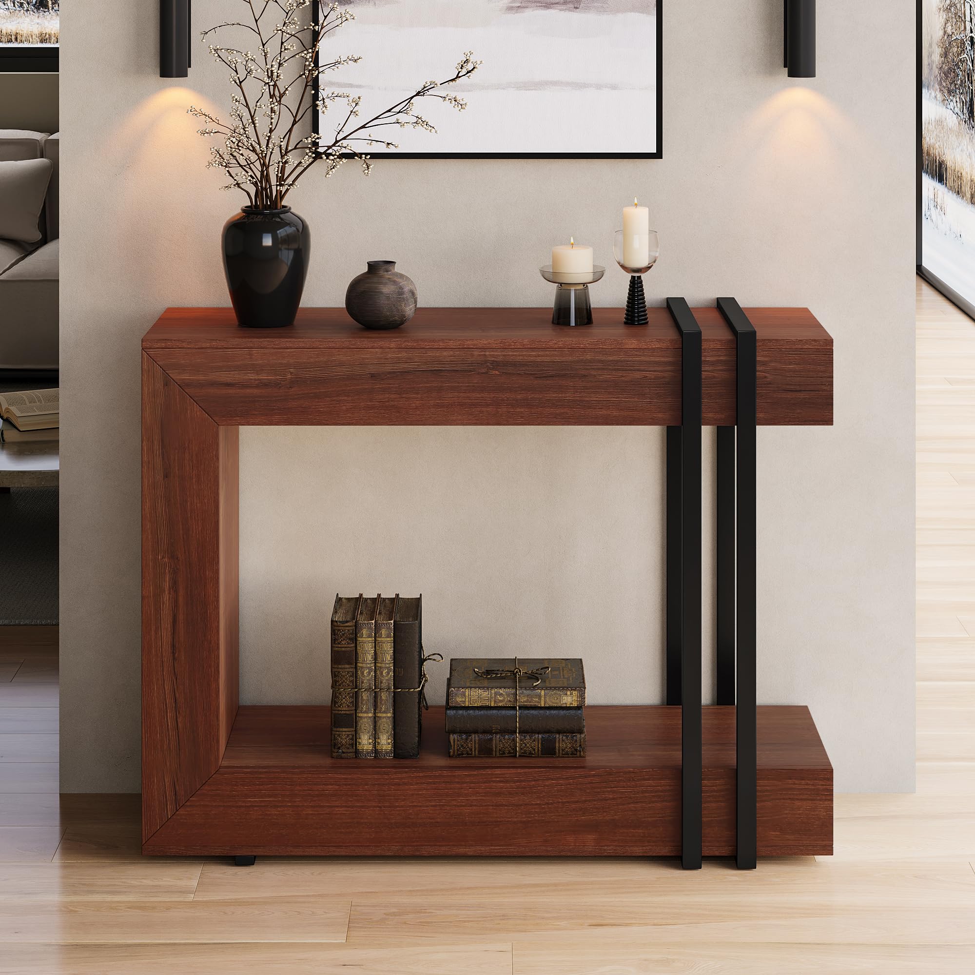 Einhomn 42.5" Console Table Behind Couch, 2-Tier Narrow Entryway Table with Storage, Wood Sofa Tables for Entrance/Hallway/Living Room/Foyer, Walnut Brown