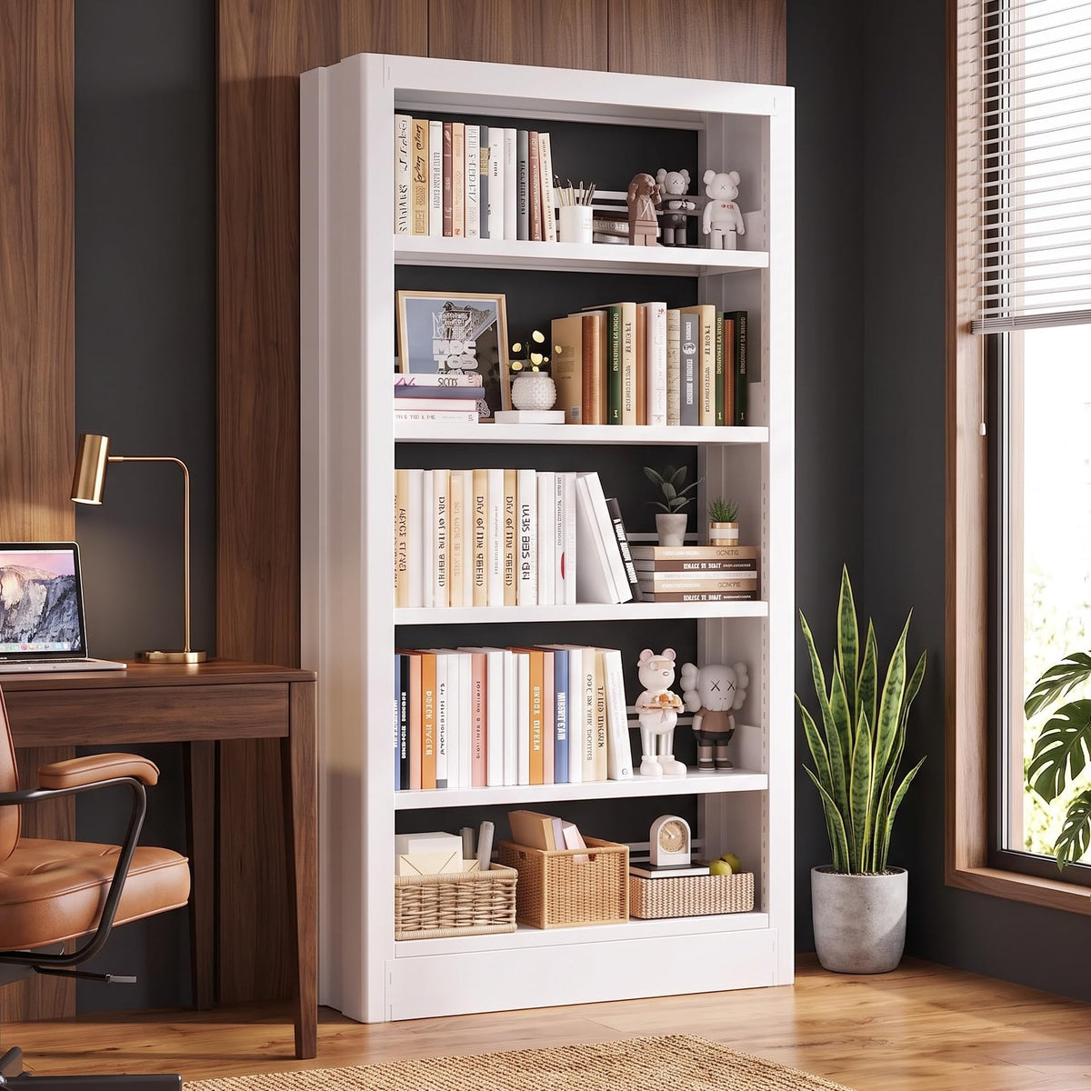 71"H 5-Tier Metal Bookshelf,1400LBS Heavy-Duty Office Shelves,White