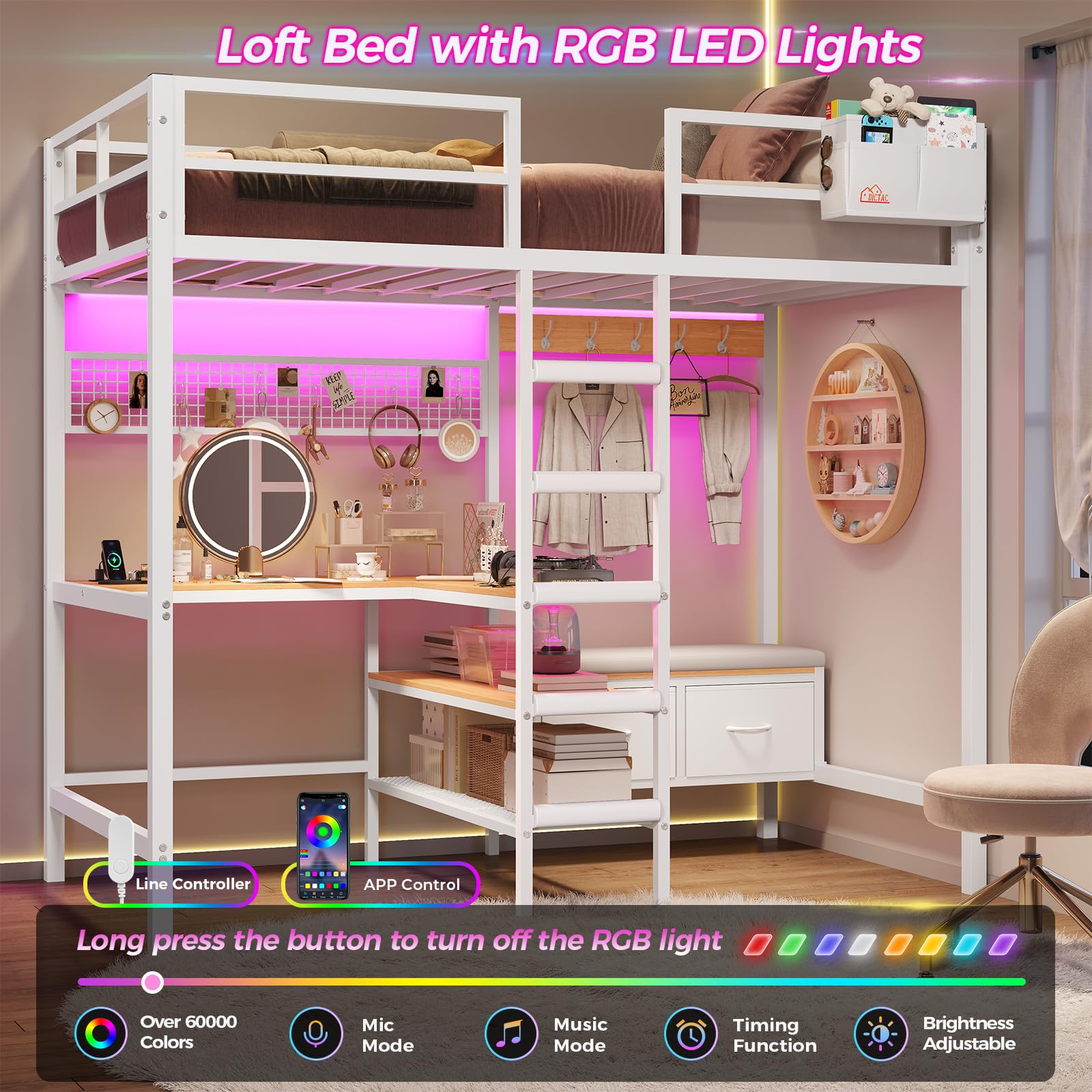 Twin Loft Bed with L-Shaped Desk & LED Lights