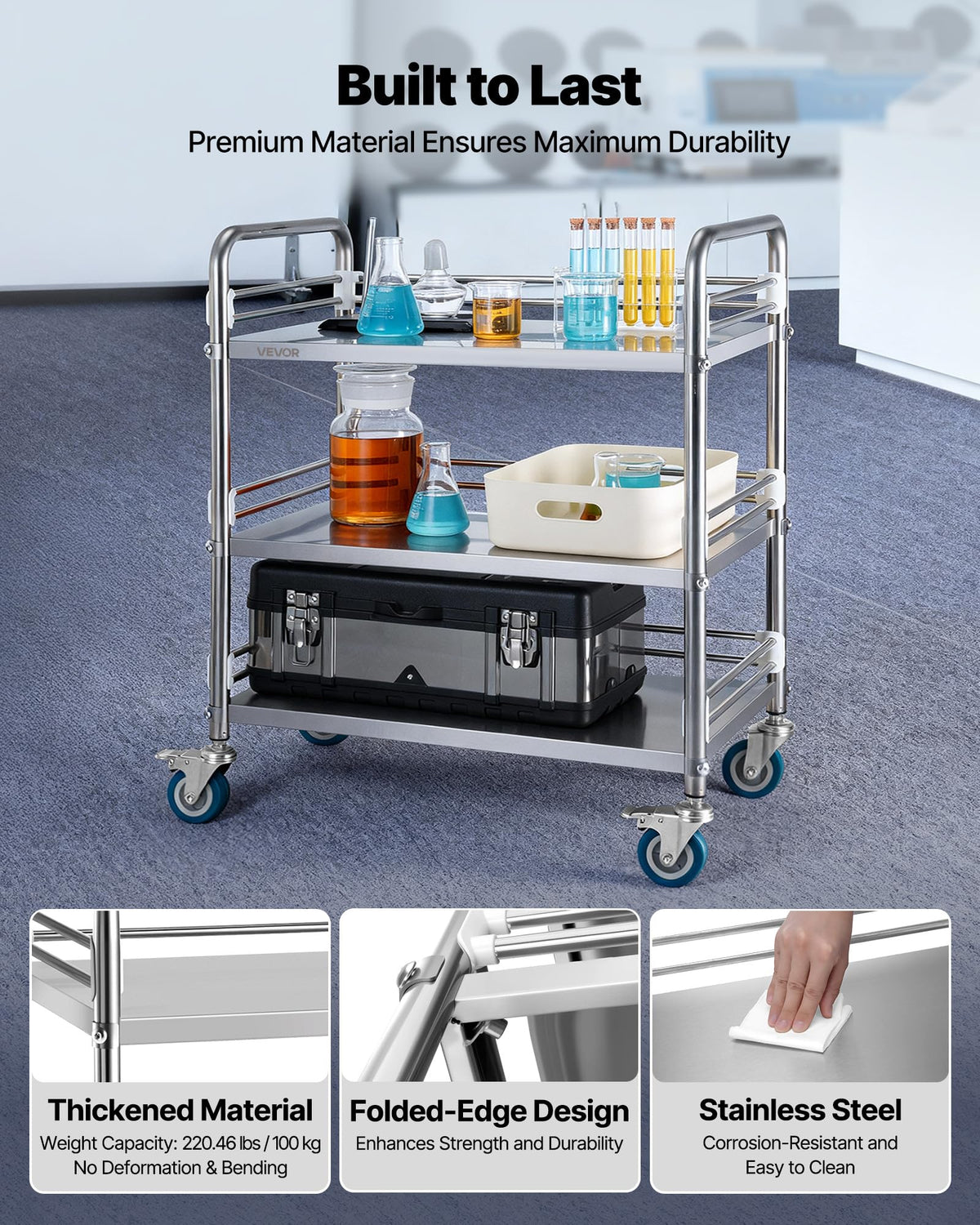 VEVOR Stainless Steel Rolling Cart, 3-Tier Metal Utility Cart with Wheels