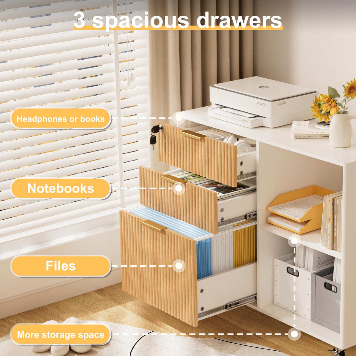 3-Drawer Fluted Mobile File Cabinet