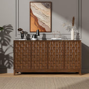 MALOL 59" Fluted Sideboard Buffet Cabinet with Storage, Wood Buffet Table with 4 3D-Checkerboard Doors & Adjustable Shelves, Kitchen Dining Room Coffee Bar Cabinet, Mid Century Modern Style, Walnut