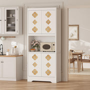 IDEALHOUSE Mid Century Modern Kitchen Pantry Cabinet, 72" Tall Storage Cabinet with Microwave Shelf, Wooden Freestand Cupboard with Carved Flower Door & Crystal Handle, for Dining Room