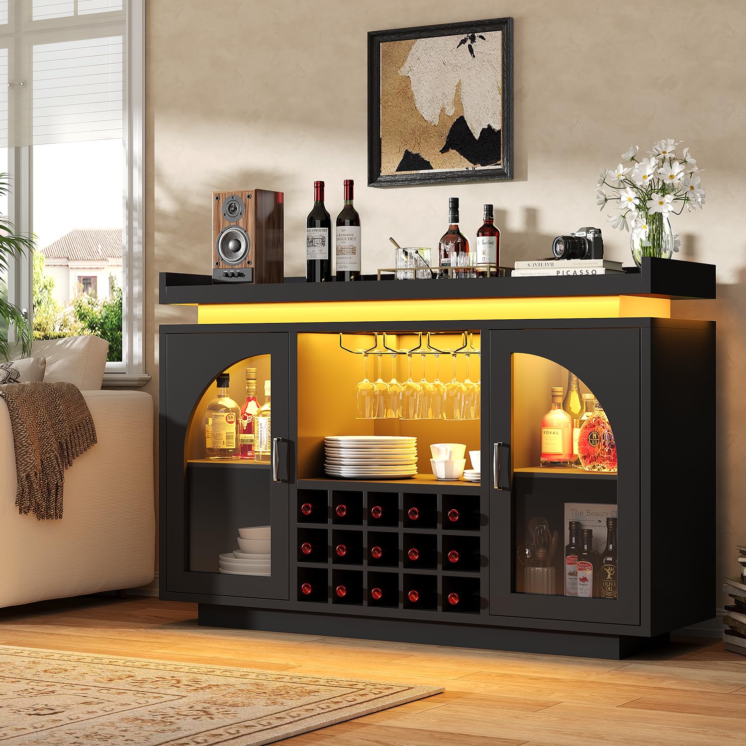 knoworld Wine Bar Cabinet 54'', Black Coffee Bar Cabinet with LED Lights and Outlet, Liquor Cabinet with Wine Rack & Glass Holder, Sideboard Buffet Cabinet for Dining Room, Kitchen