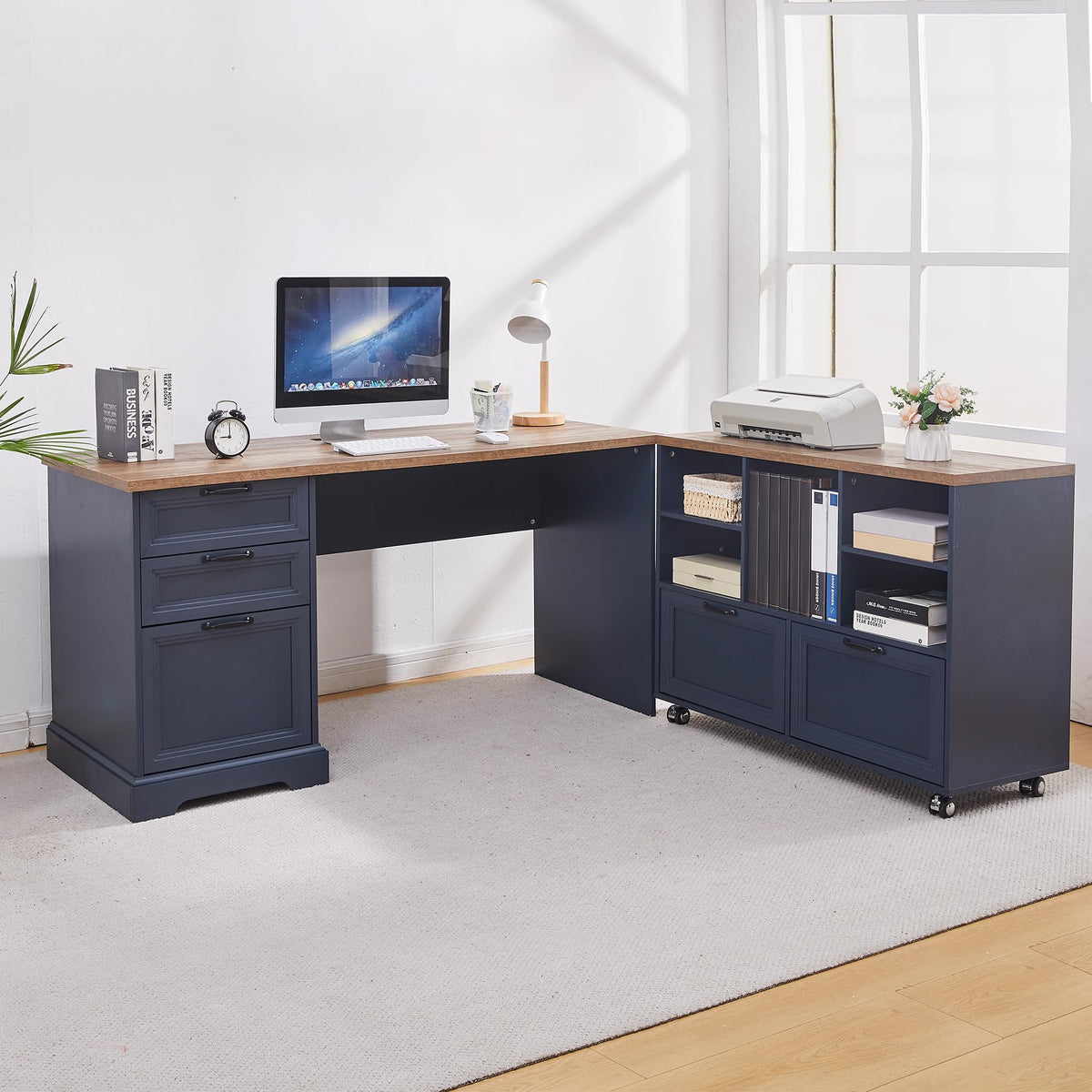 60"L-Shaped Executive Desk with 40"Adjustable File Cabinet,Farmhouse Home Office Desk with Charging Station,Office Desk with Storage Drawers,Wood Computer Desk Set for Office Work,Home Study (Blue)