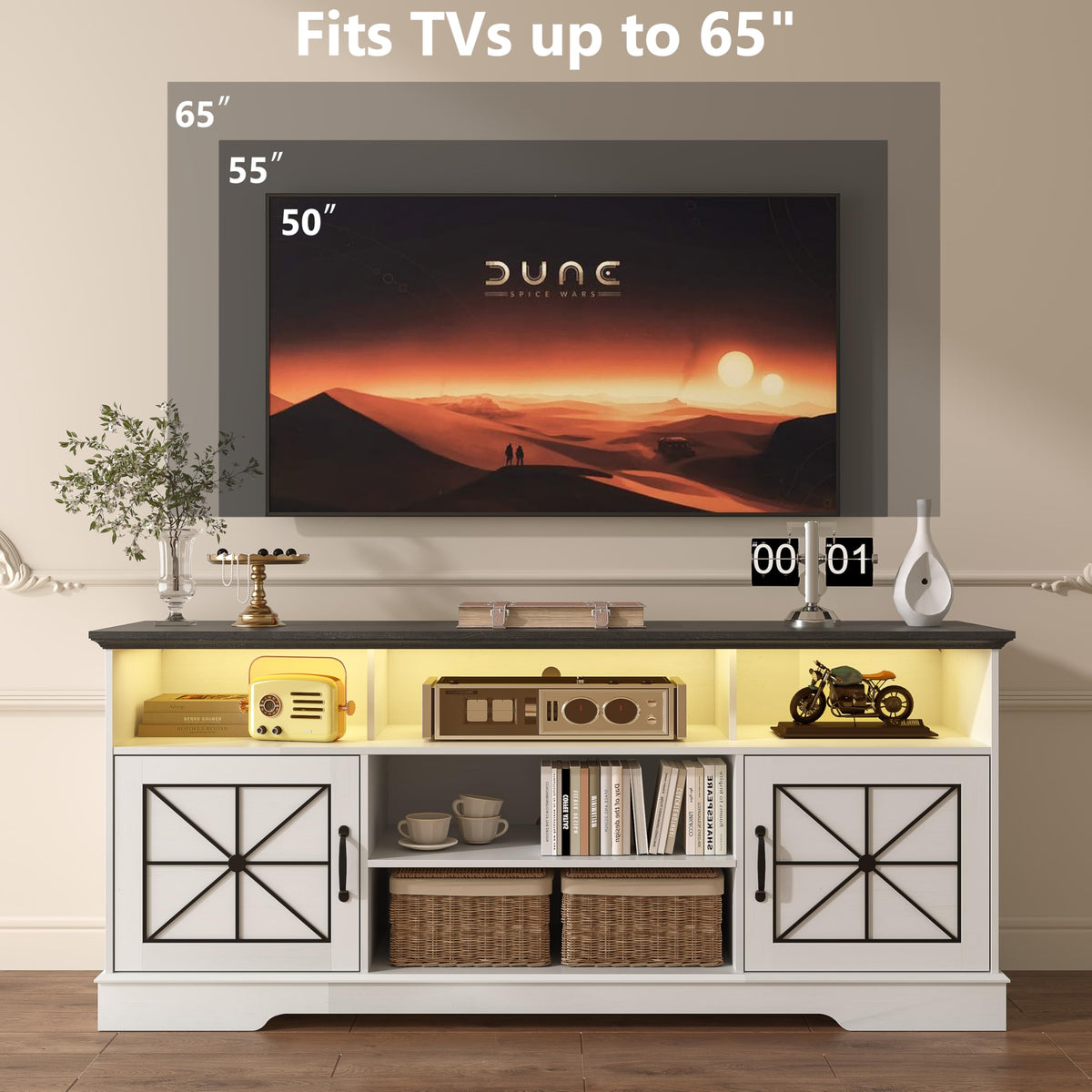 ANYMAPLE TV Stand for 65 Inch TV, Farmhouse Entertainment Center with RGB LED Lights, 59 Inch Media Console with Adjustable Center Shelf and Storage Cabinets, Rustic Barn Door Style