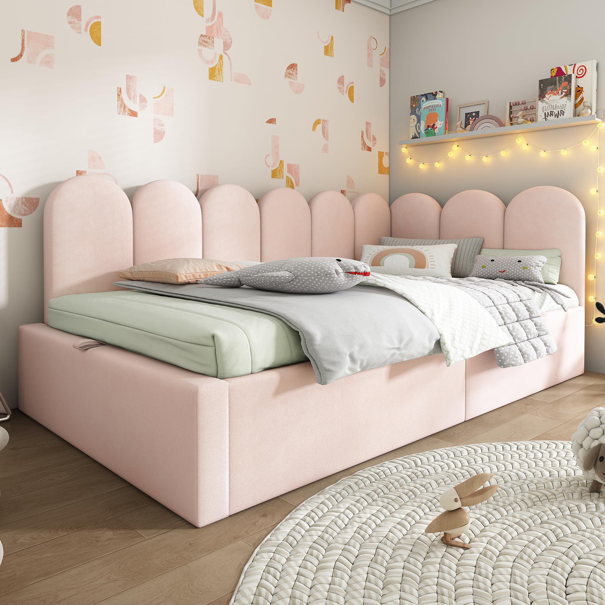 Merax Twin Size Upholstered Lift Up Sofa Day Bed with Headboard, Floor Sofa Daybed with Metal Slat Support, Lift Up Bed Frame for Kids, Boys, Girls Twin, Pink
