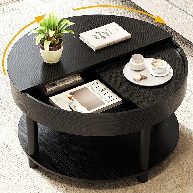 Round Coffee Table with 2-Tier Storage & 360° Rotating Top