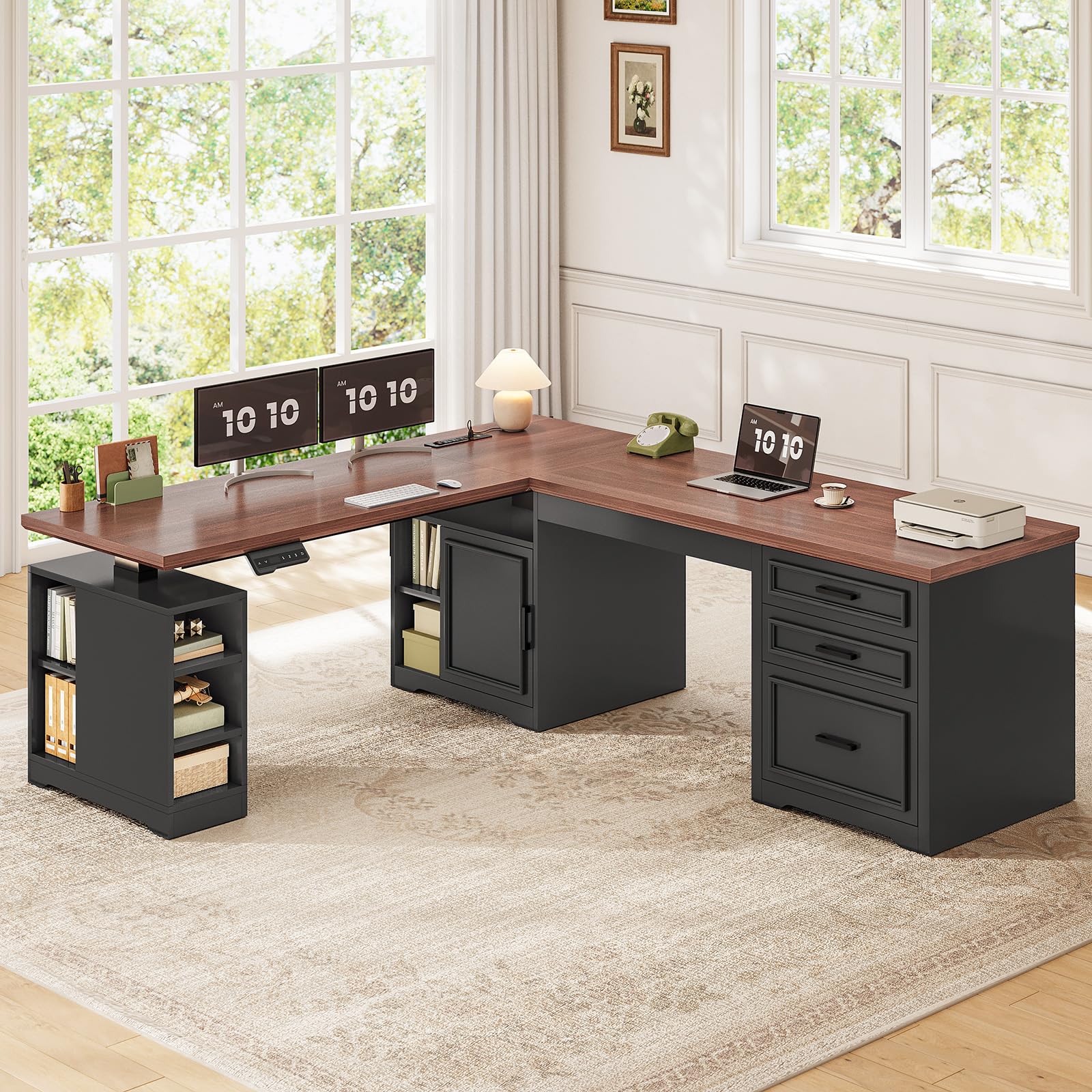 L-Shaped Electric Standing Desk with Drawers & Shelves