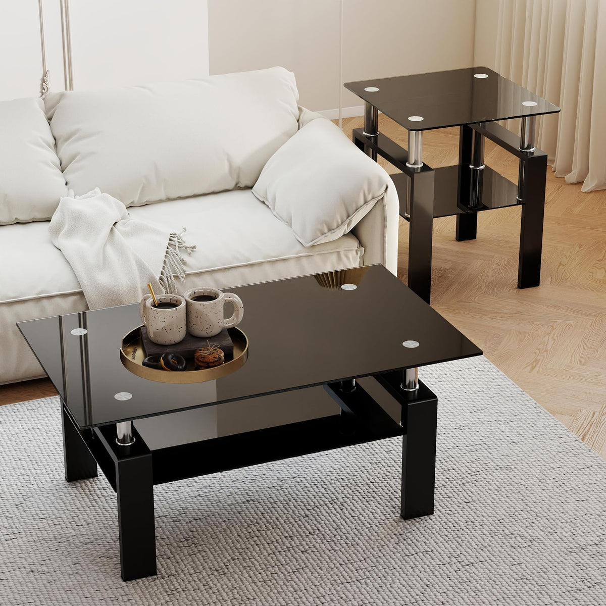 IANIYA Modern Tempered Glass Coffee Table Set - 3 Piece Living Room Table Set - Coffee Table and End Table Set of 3 for Living Room, Office, Apartment, Small Space, Black