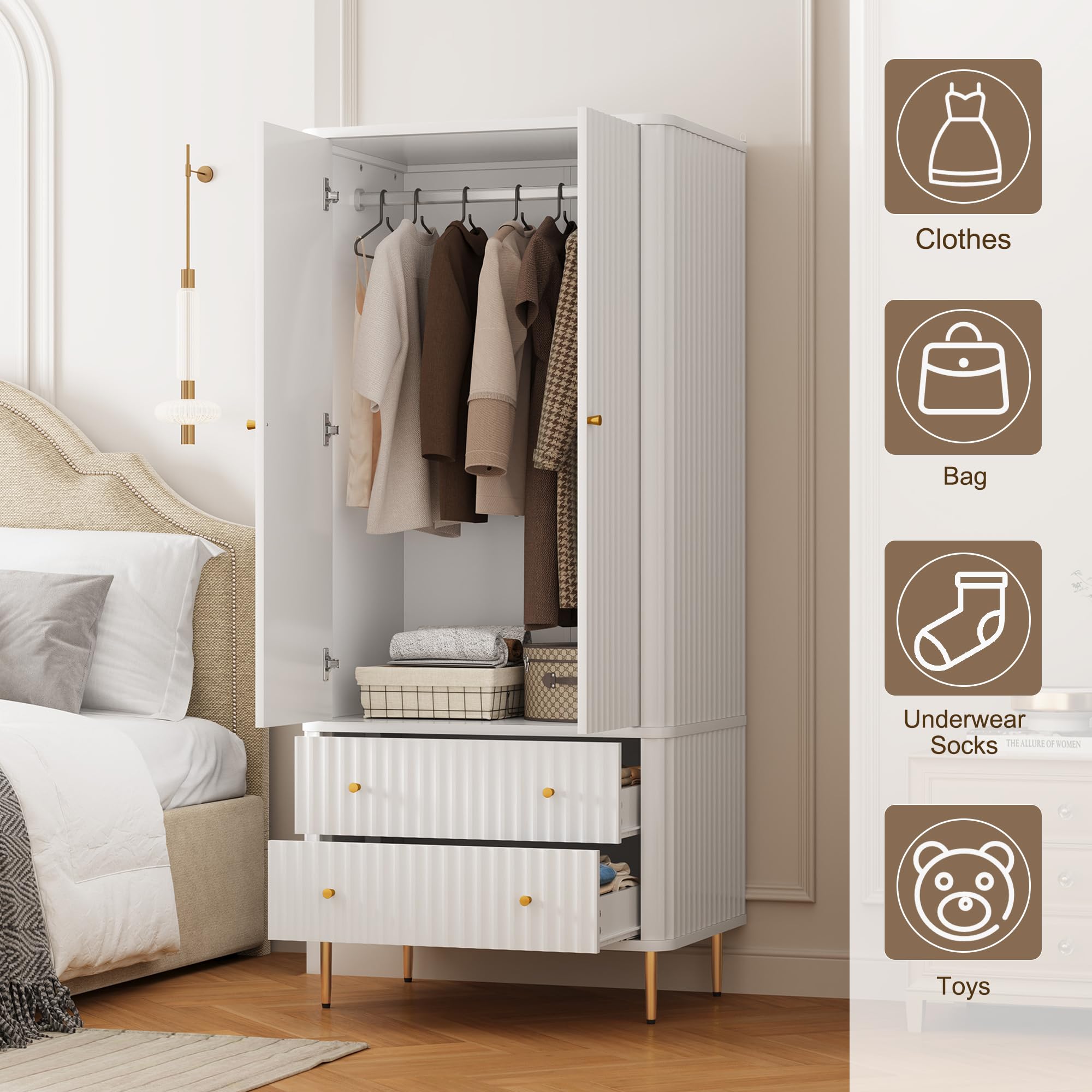 HLR 72" Modern Armoire Wardrobe Closet with Doors and Drawers, Bedroom Armoire Cabinet with Hanging Rod, Wooden Clothing Storage Cabinet,White