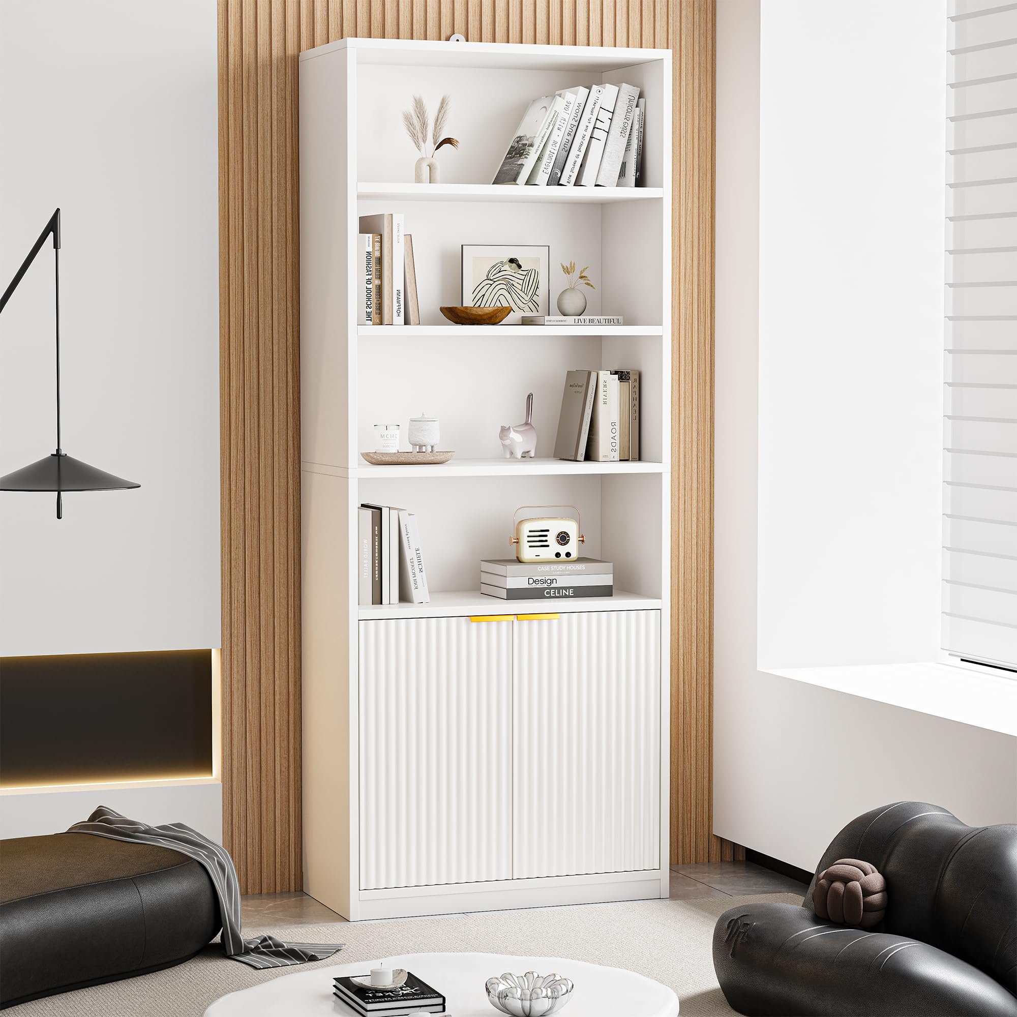 INNOD 69" Tall Book Shelve Bookcases with Doors, Floor Standing 6 Shelf Display Shelves, Bookshelf with Storage Shelf, Home Decor Furniture for Living Room Home Office