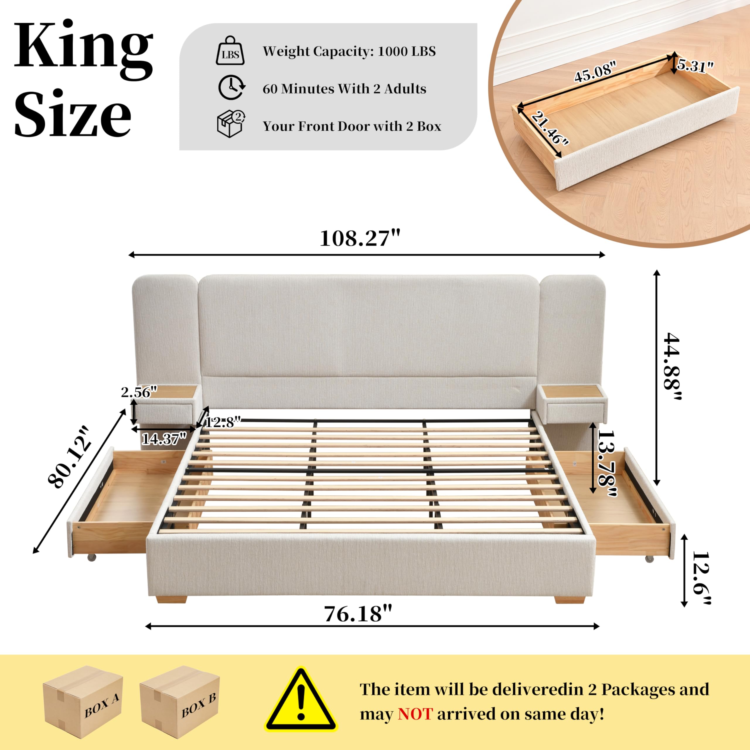 Platform Bed Frame with Nightstands & Storage Drawers