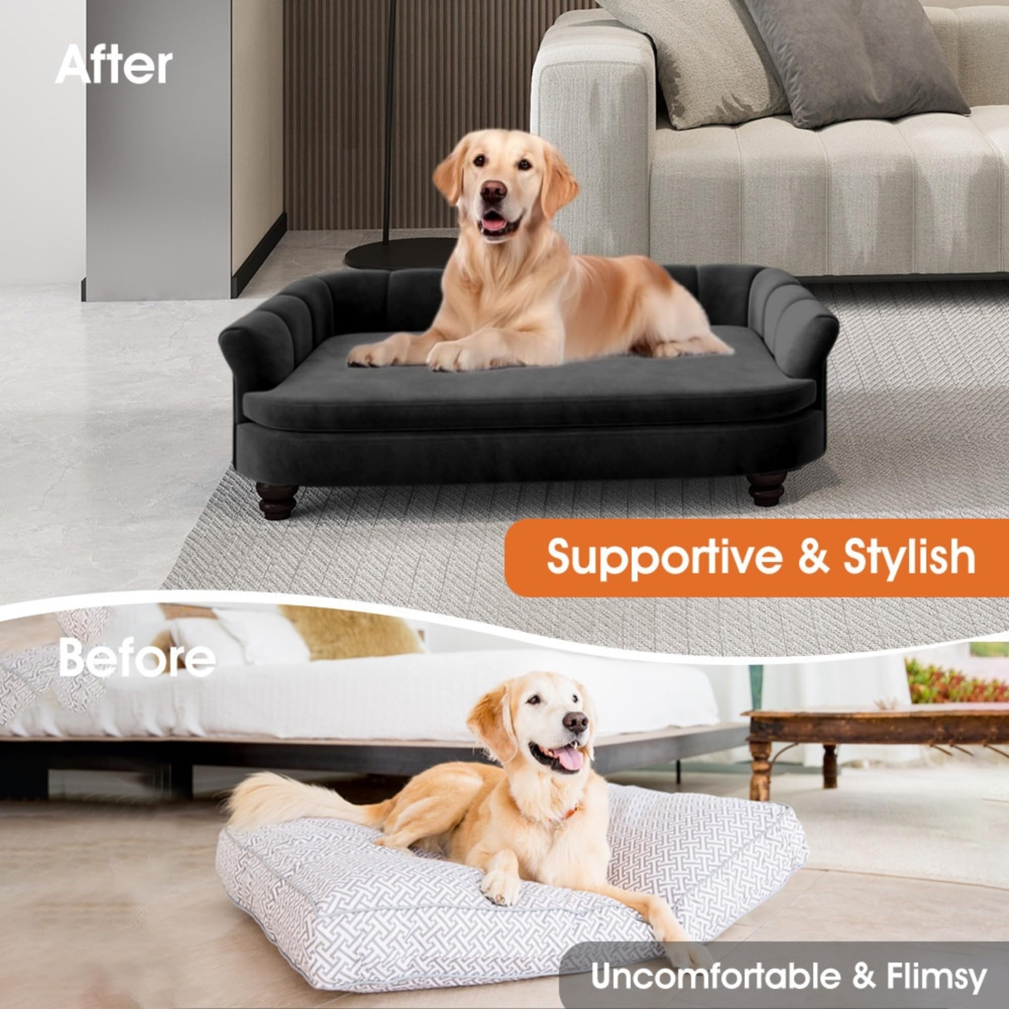 Large Dog Sofa Bed – Velvet, Wood Frame, Washable Cushion