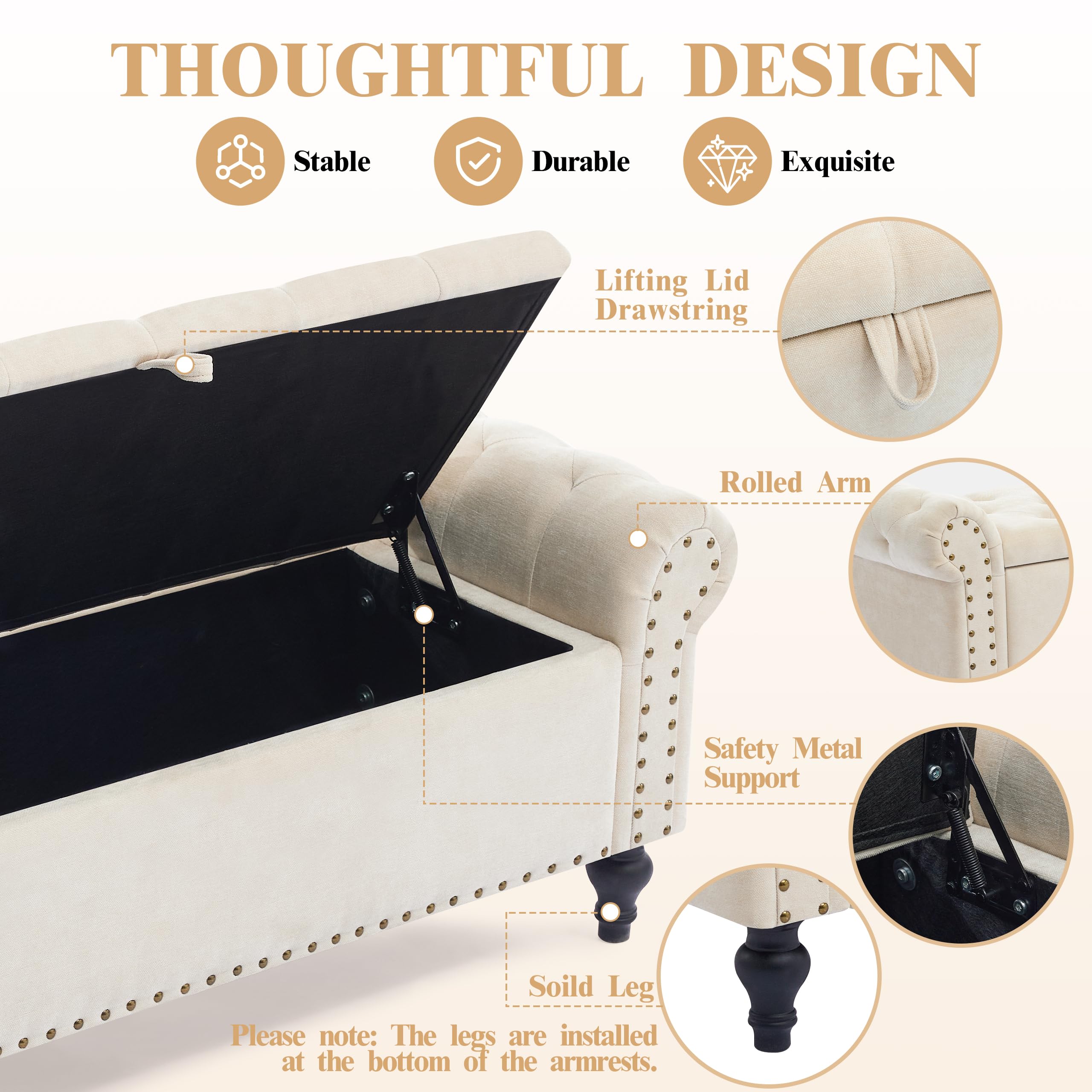 Dowiean 51" Storage Ottoman Bench, End of Bed Bench for Bedroom, Storage Ottomans for Foot of Bed, Chenille Upholstered Benches, Window Benches for Living Room, Entryway, Beige