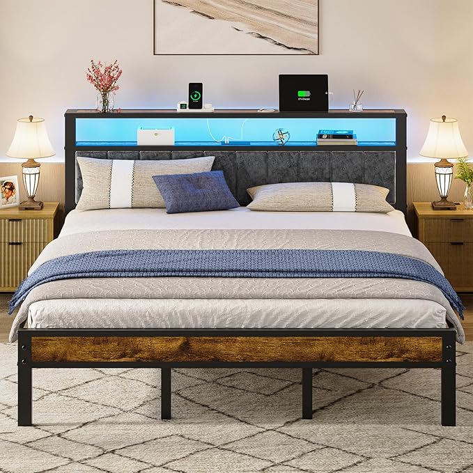 Platform Bed Frame with LED Lights & Charging Station