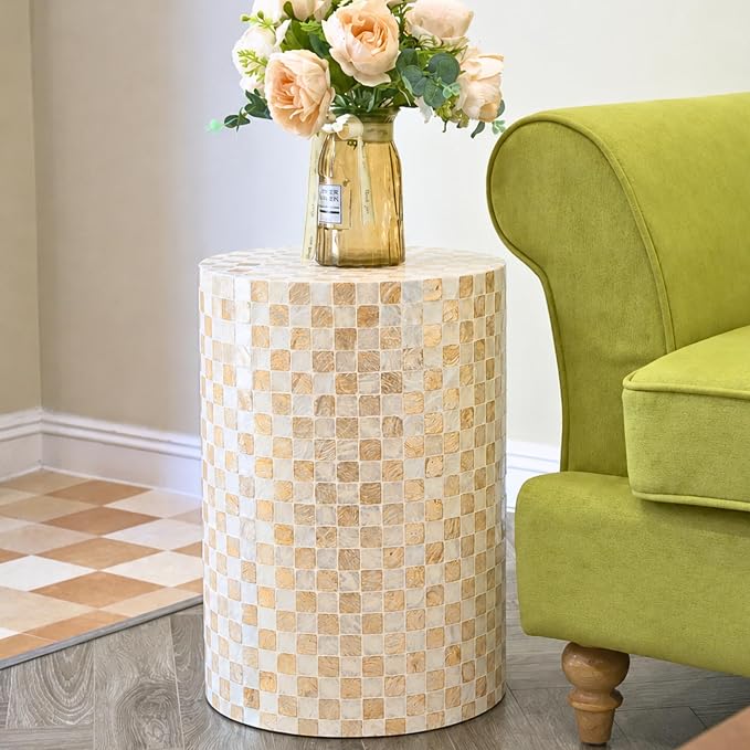 Checkered Capiz Drum Side Table