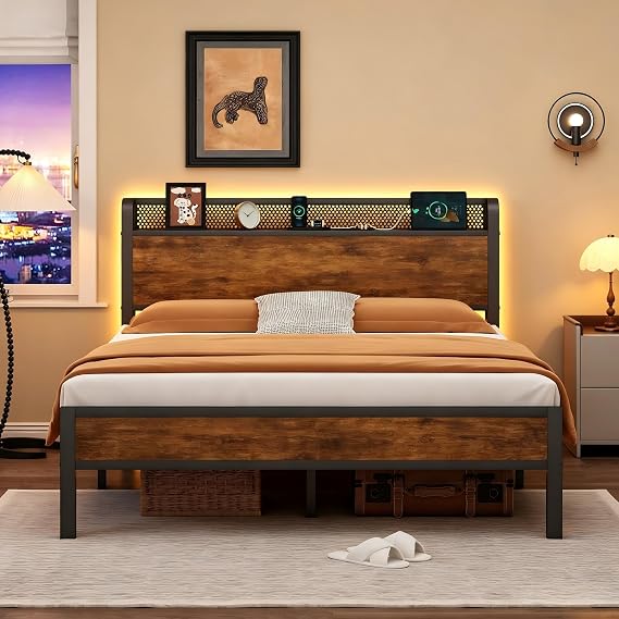 Metal Platform Bed Frame with LED Lights & Charging Station