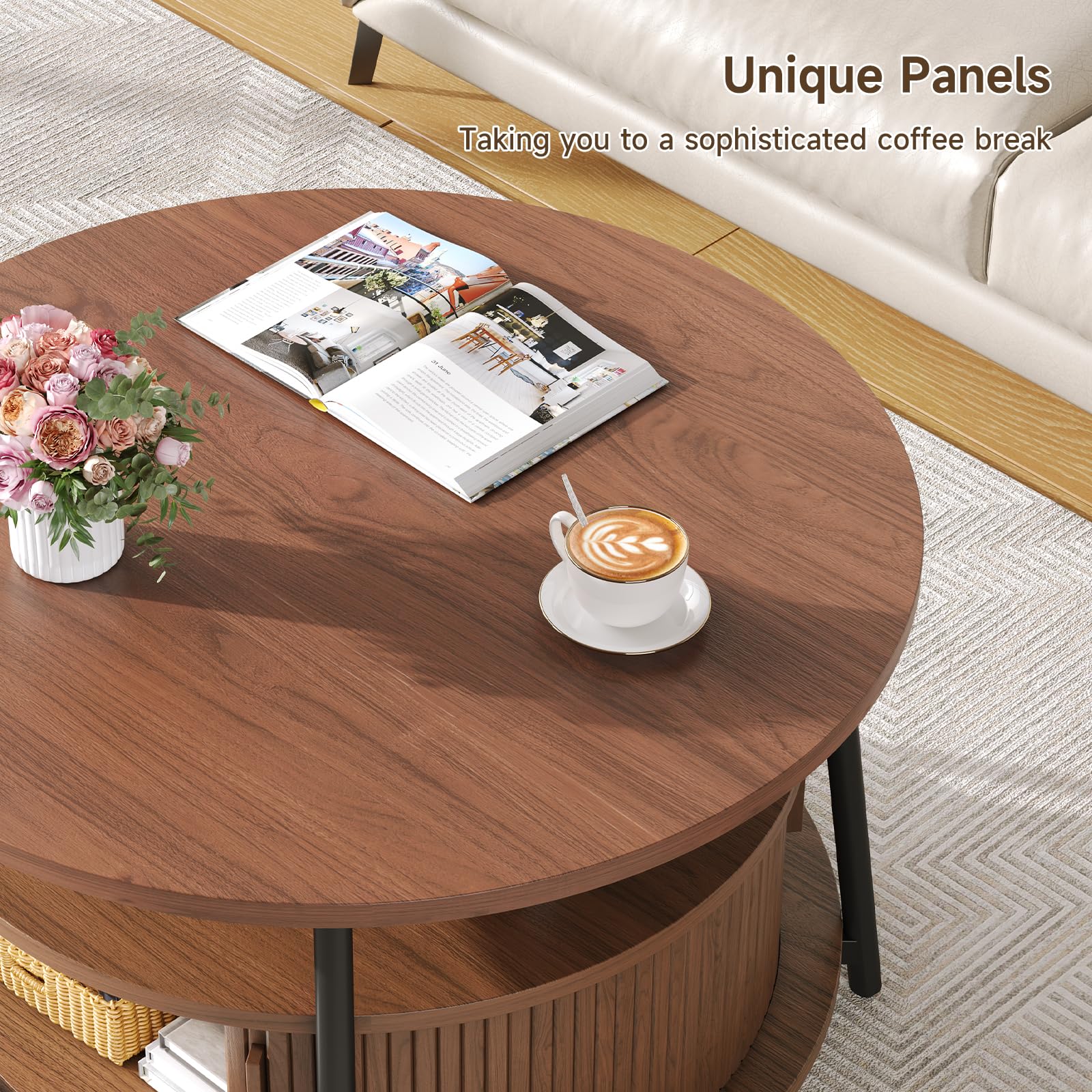 31.5 Inch Round Coffee Table with Storage, Fluted Coffee Tables with 2 Tiers, Mid-Century Modern Center Table with 2 Sliding Doors and Adjustable Footpad for Living Room, Walnut