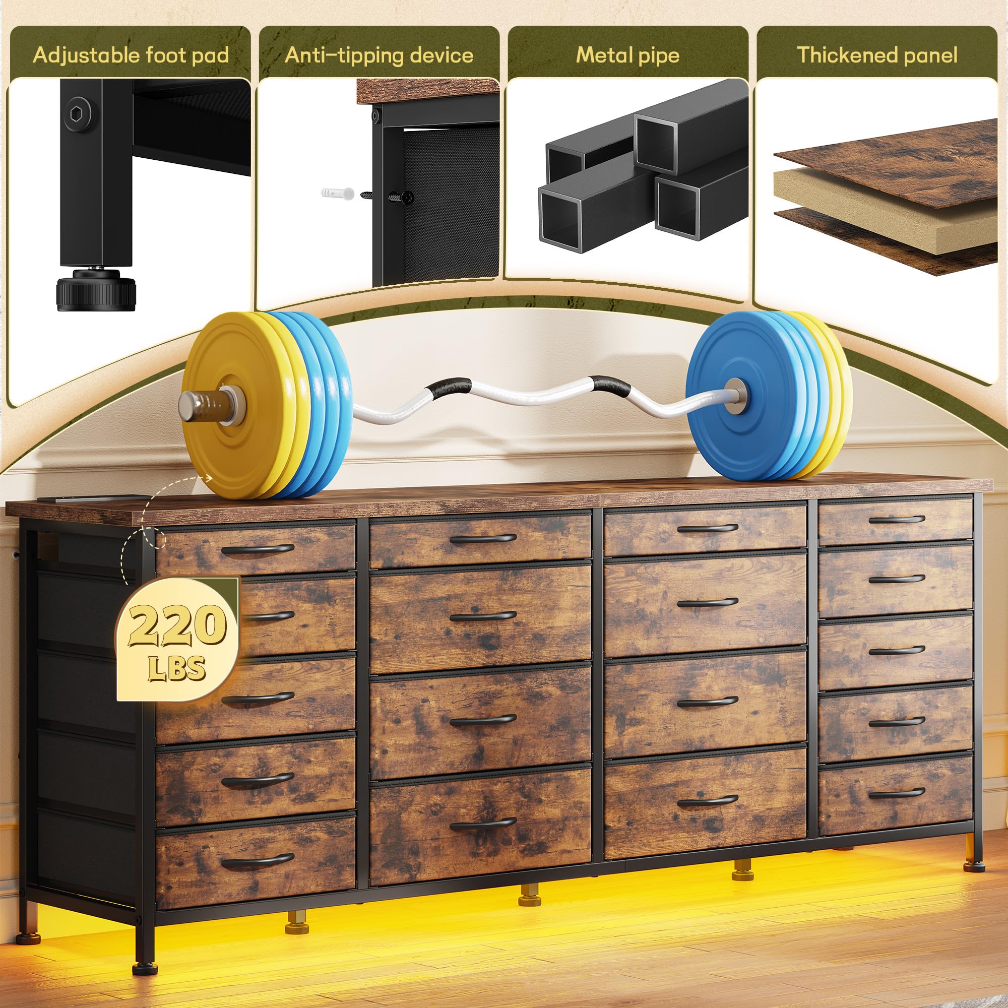 63"W TV Stand for Bedroom with LED Light & Power Outlets, Long Dresser with 18 Deep Drawers for 65 70 75 inch TV, Fabric Dresser TV Stands for Living Room Entryway Hallway Closet, Rustic Brown