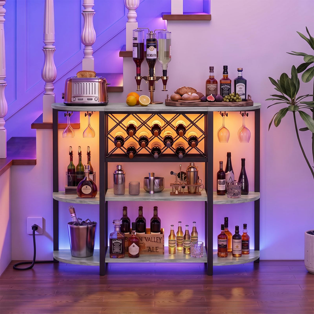 Unikito Wine Bar Cabinet with LED Lights and AC Outlets with USB-C Ports