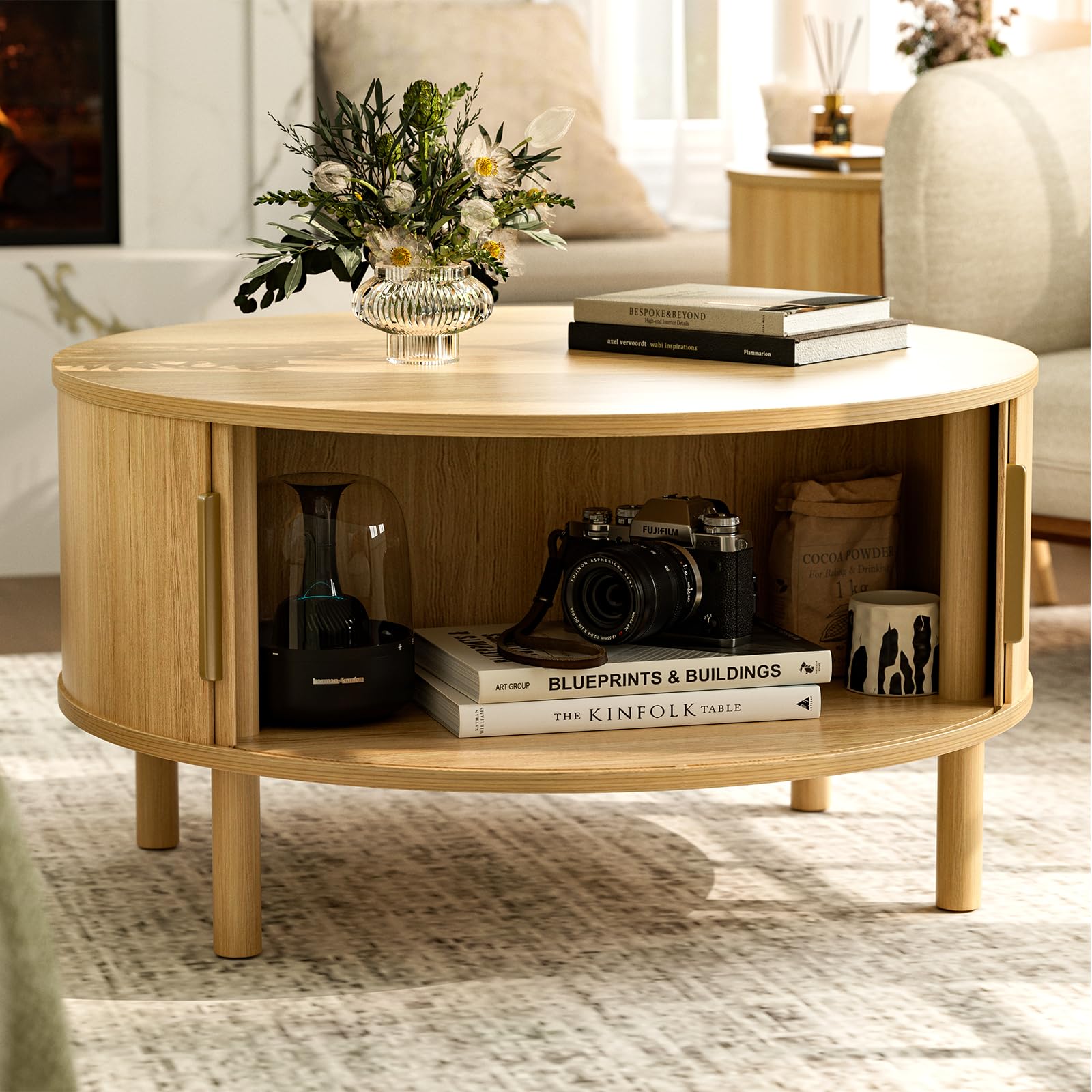 ZttRiee Coffee Table for Living Room, Modern Round Coffee Table with Cabinets & Sliding Doors, Home Small Space, 29.9" Fluted Center Table, Natual