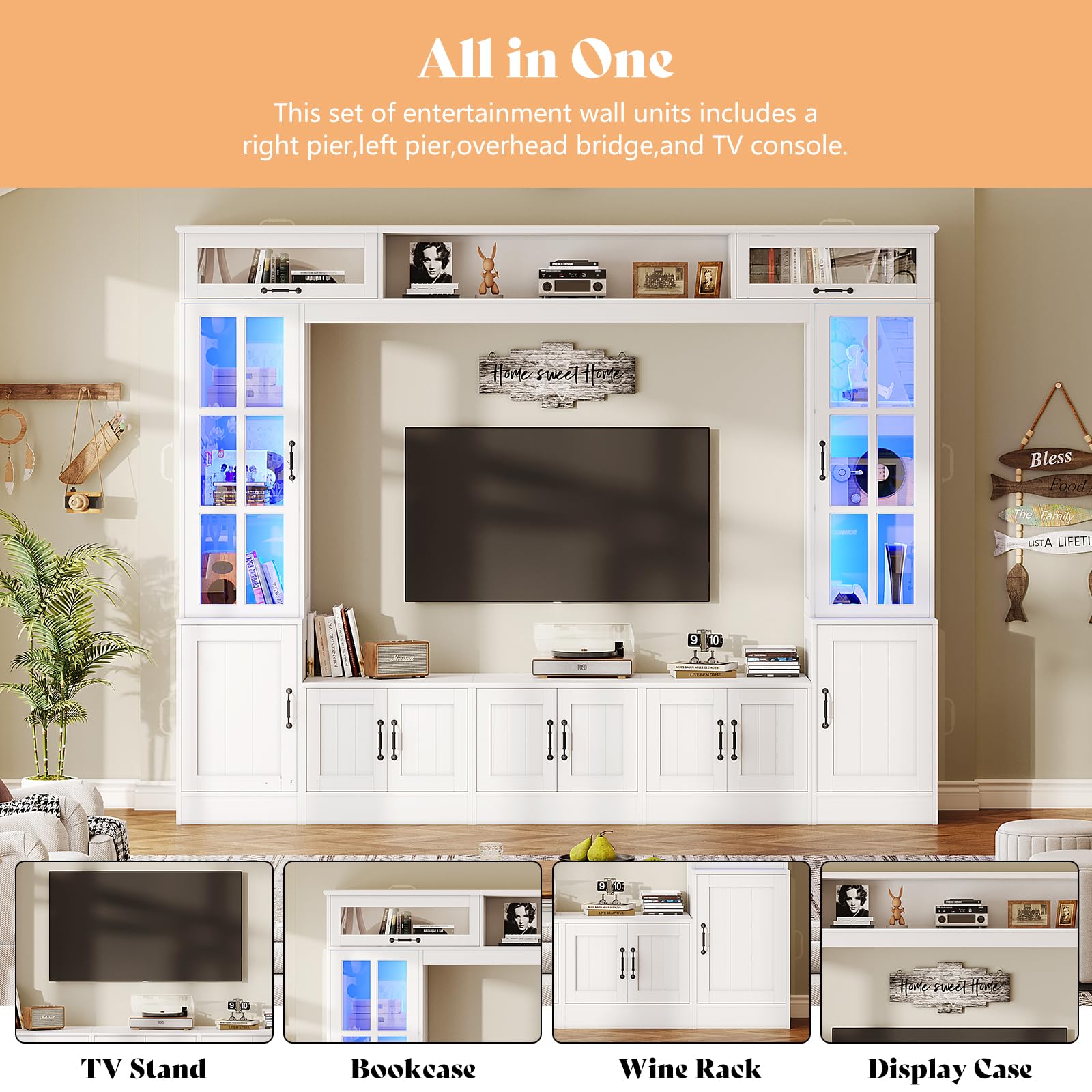AMERLIFE 98" W Wall Unit TV Stand with Storage for TVs up to 80", Modern TV Console with LED Lights, Entertainment Center with Bookshelves for Living Room, White
