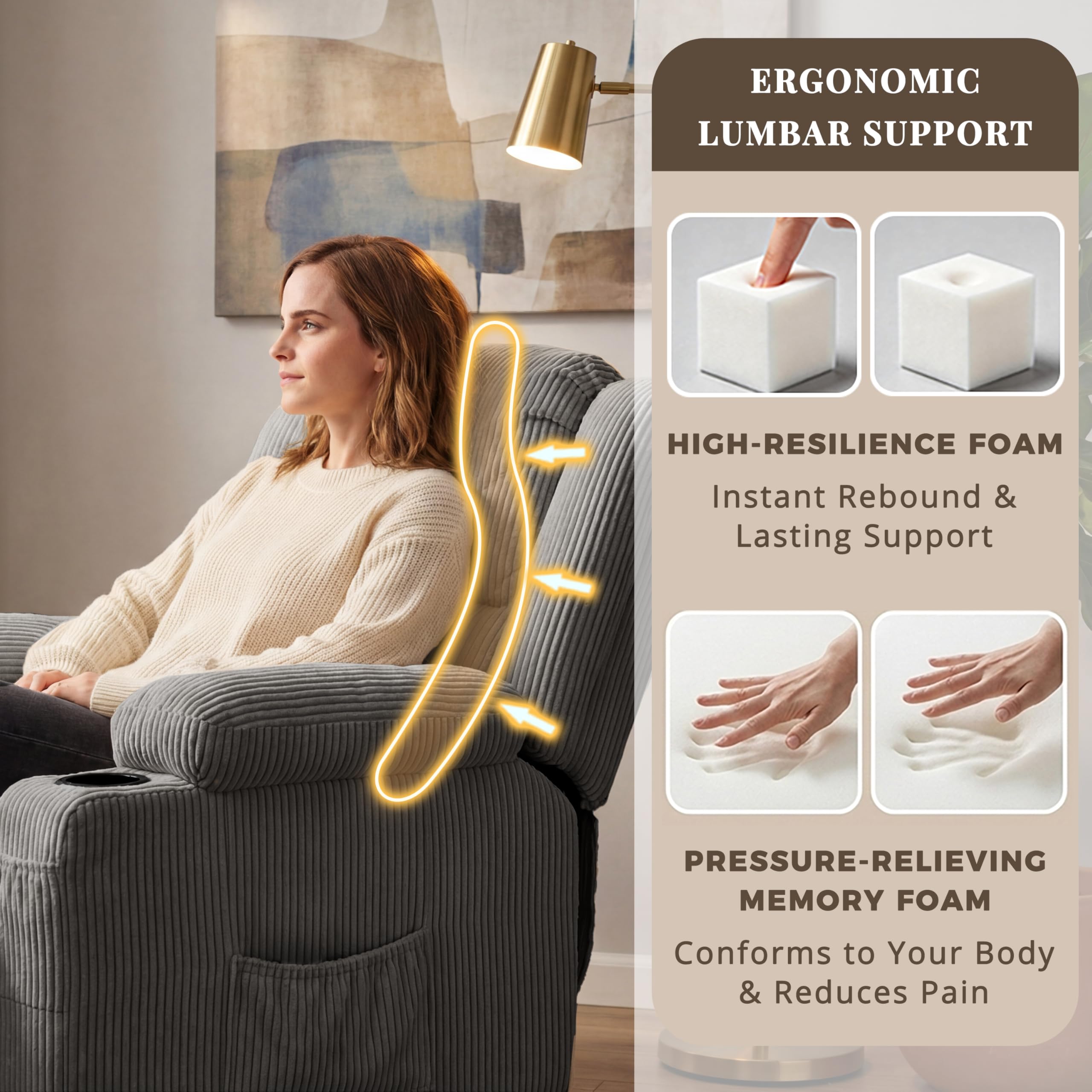 IKAKOS 360 Degree Swivel Rocker Recliner Chair with Heat and Massage, Soft Corduroy Manual Reclining Nursery Glider with USB Port, 2 Cup Holders & 4 Storage Pockets, 400lbs Capacity (Grey)