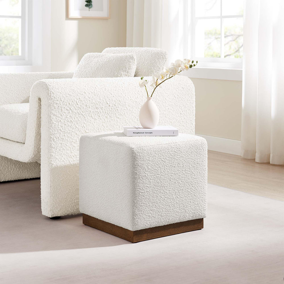 Modway Tilden 17" Square Boucle Upholstered Upholstered Ottoman in Cloud Walnut