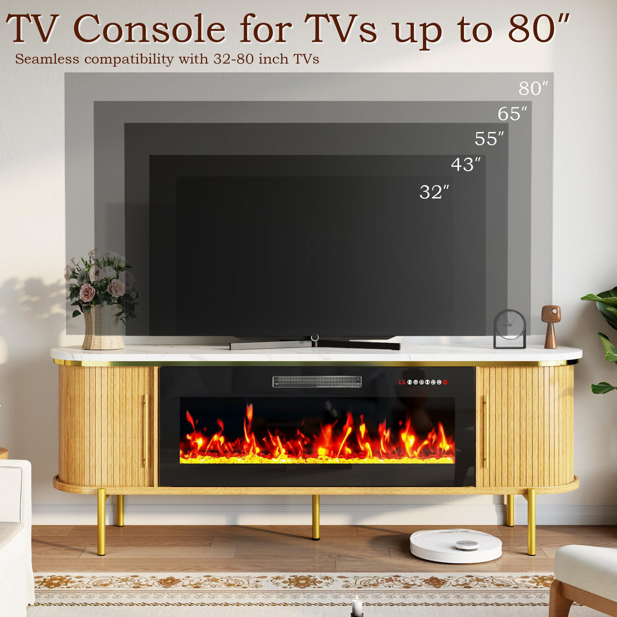 PRETZI 70" Fluted Fireplace TV Stand w/40 Electric Fireplace for 80" TVs
