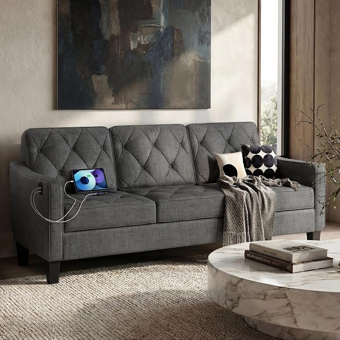 Black Tufted Faux Leather Sofa