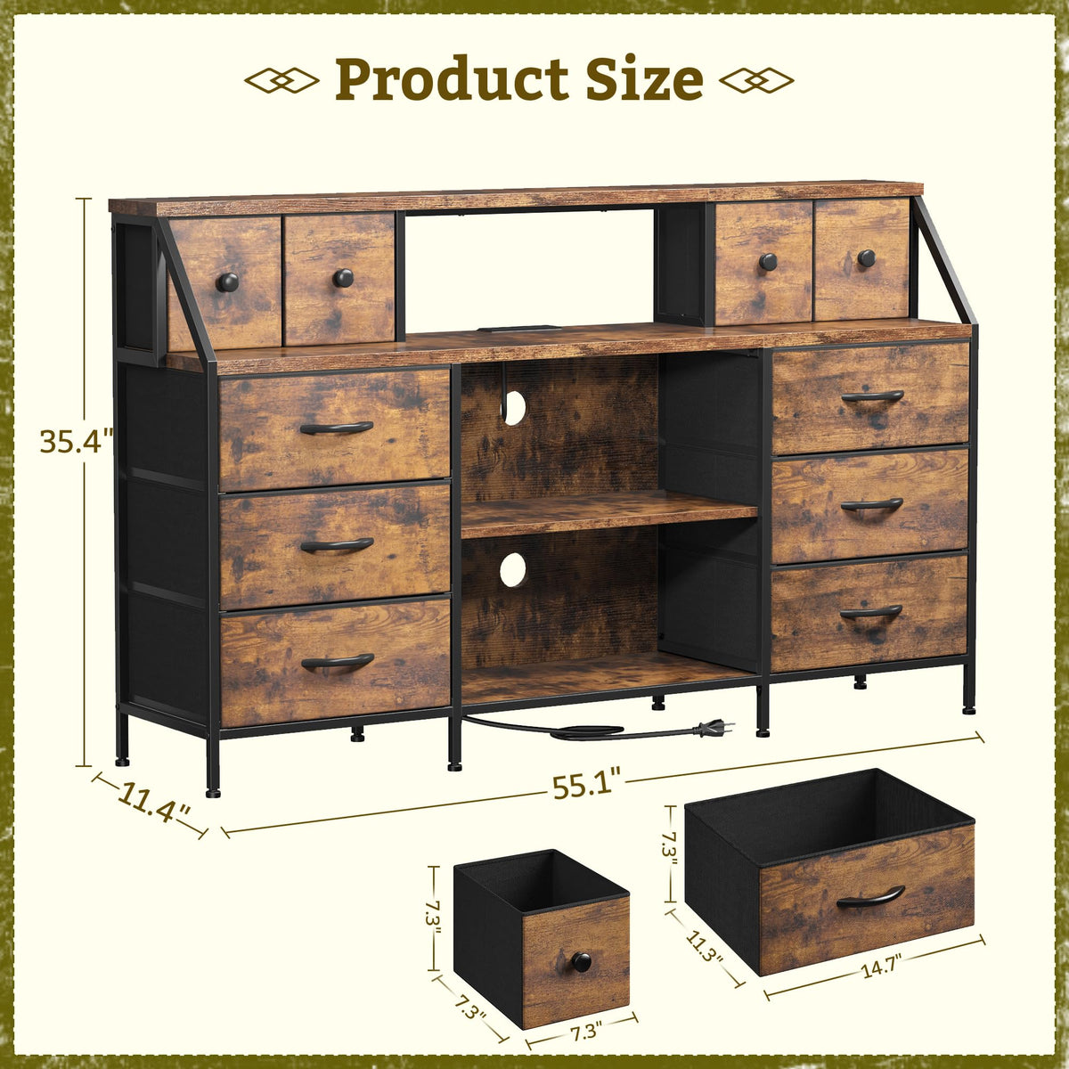 Romorgniz 55" W Dresser with Charging Station & LED, Detachable Mesh Door