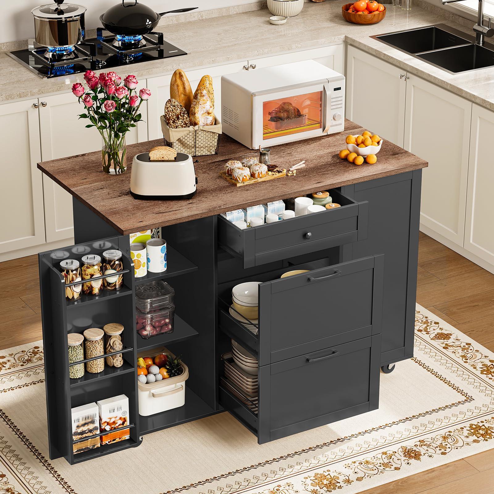 CHOEZON Kitchen Island with Trash Can Cabinet, Drop-Leaf Tabletop & 6 Wheels, 51.2-Inch Rolling Kitchen Cart with Fridge Shelf, Drawers & Adjustable Shelves, Farmhouse Style, Black and Walnut MZD07BL