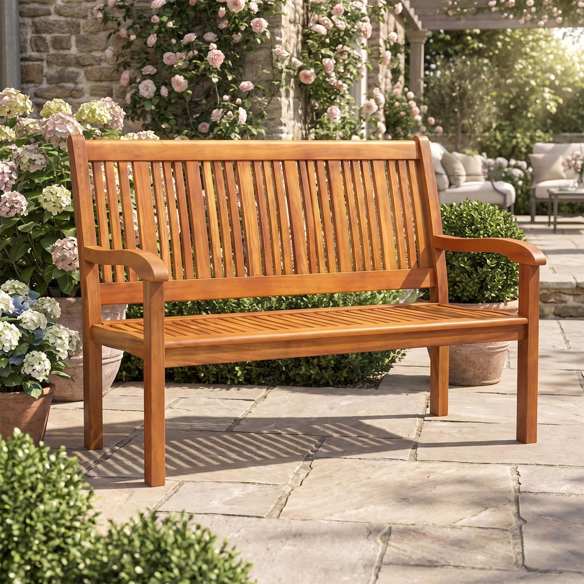 COSTWAY Wooden Bench Outdoor, Curved Armrest & Backrest, Teak Colored