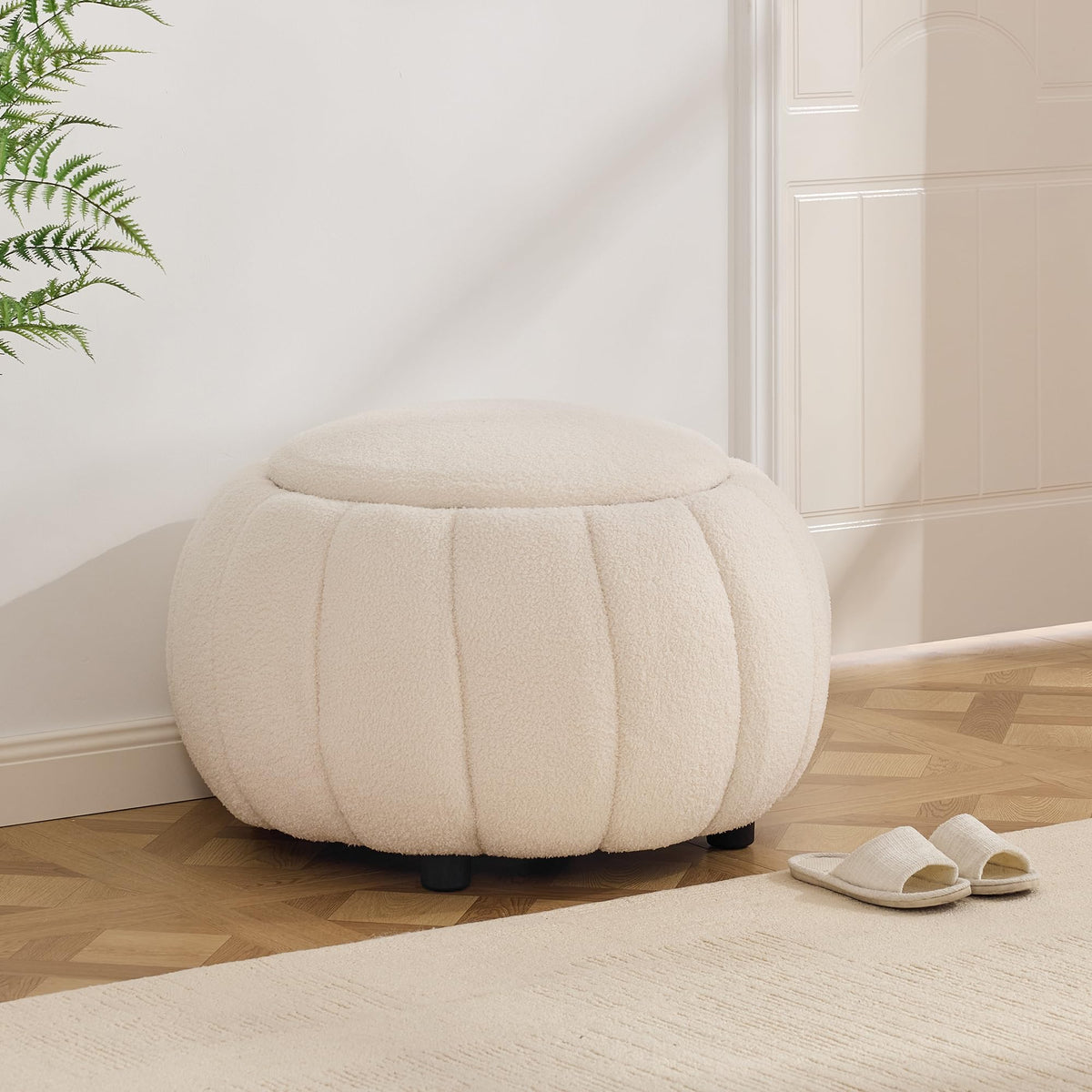 Beige Round Storage Ottoman
