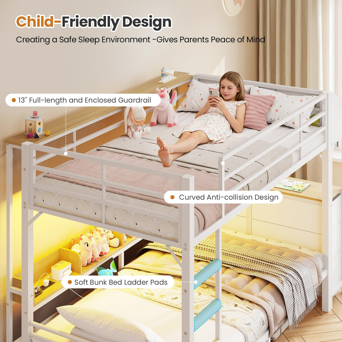 Twin Over Twin Bunk Bed with Storage & LED Lights