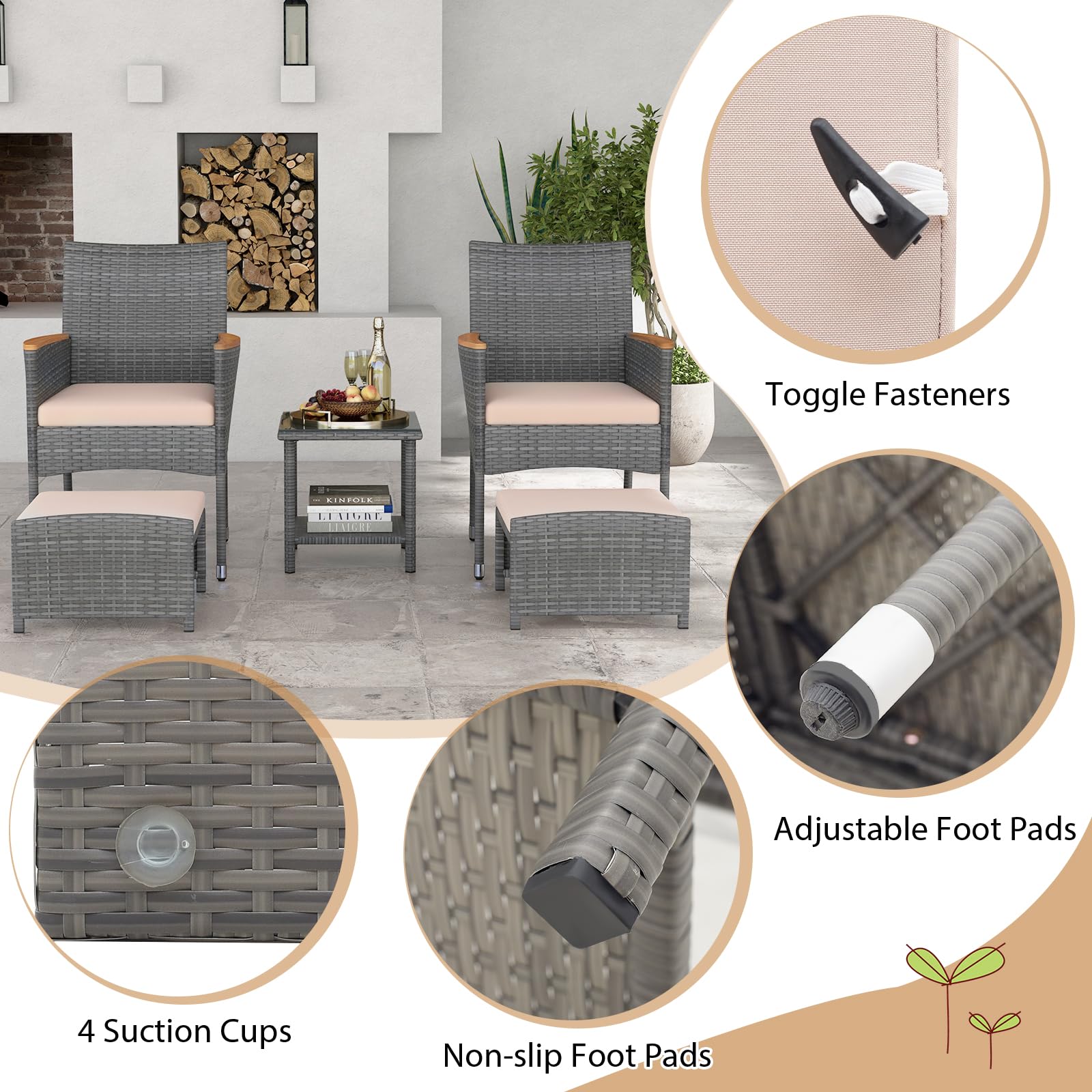 5-Piece Wicker Patio Conversation Set with Ottomans & Coffee Table