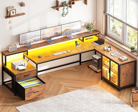 SEDETA L Shaped Gaming Desk, 78.7” Large Computer Desk with Drawers and Power Outlet & LED Light, Corner Gaming Desk with Storage Shelves, Display Cabinet for Home Office, Black