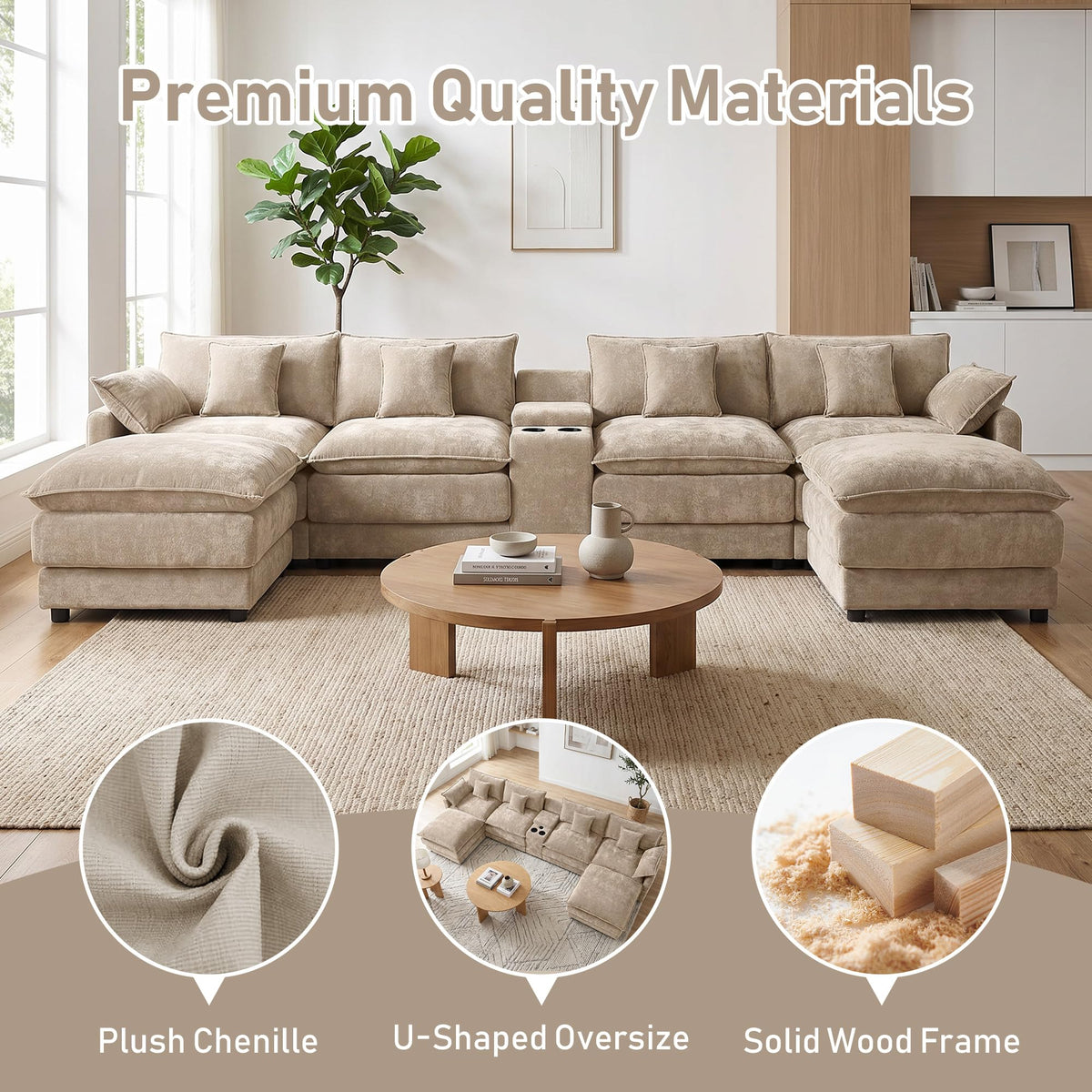 ONEMMLION 163" Oversized Cloud Sectional Couch for Living Room, Light Brown