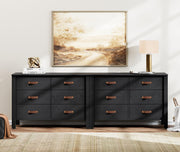 WAMPAT Black Dresser for Bedroom, Long Wide Dresser with 12 Drawers, Kids Dressers & Chests of Drawers, Set of 2 Classic Wooden Storage Cabinet Organizer for Closet, Living Room, Hallway