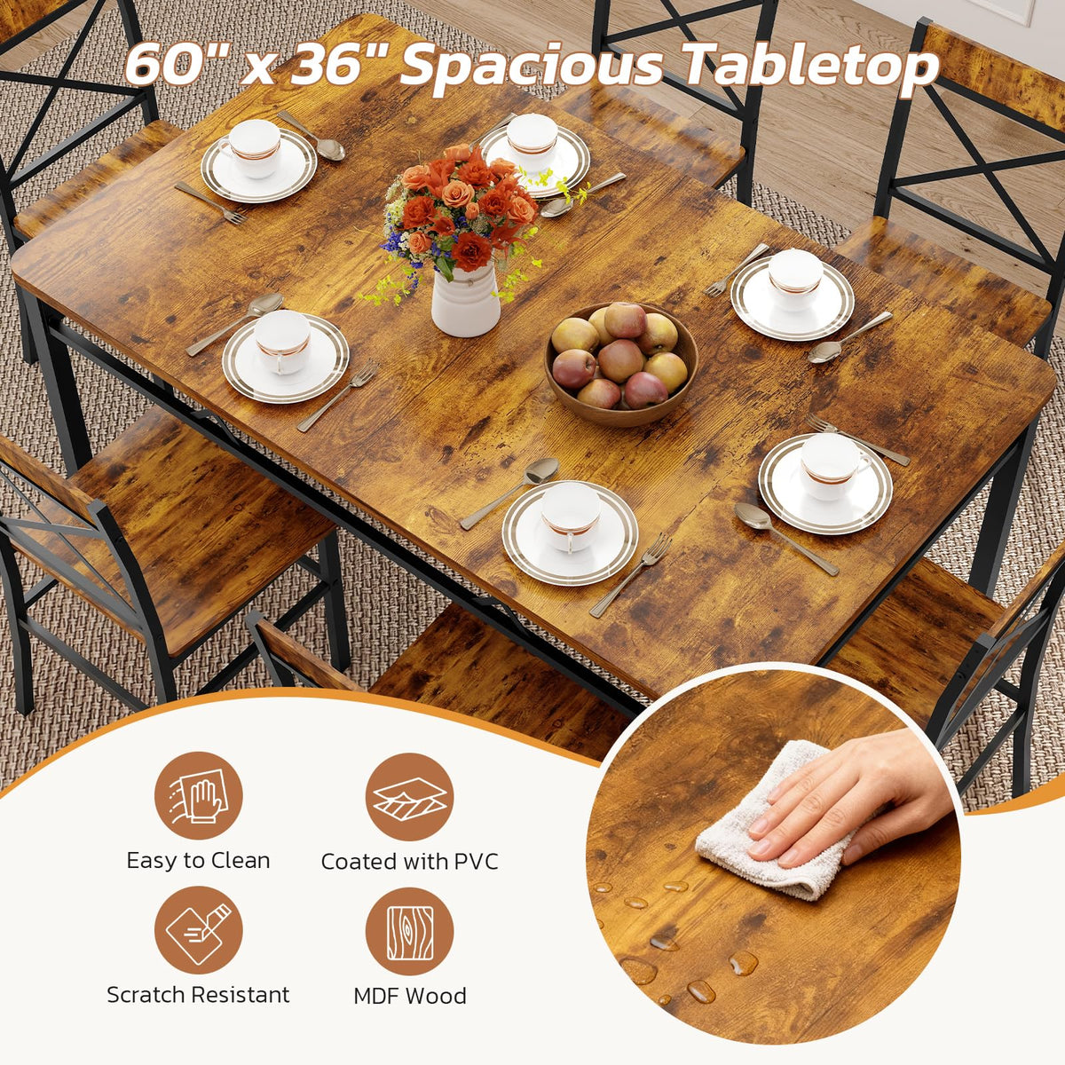 Zevemomo 7-Piece Dining Table Set, Kitchen Table Chairs Set of 6, Brown