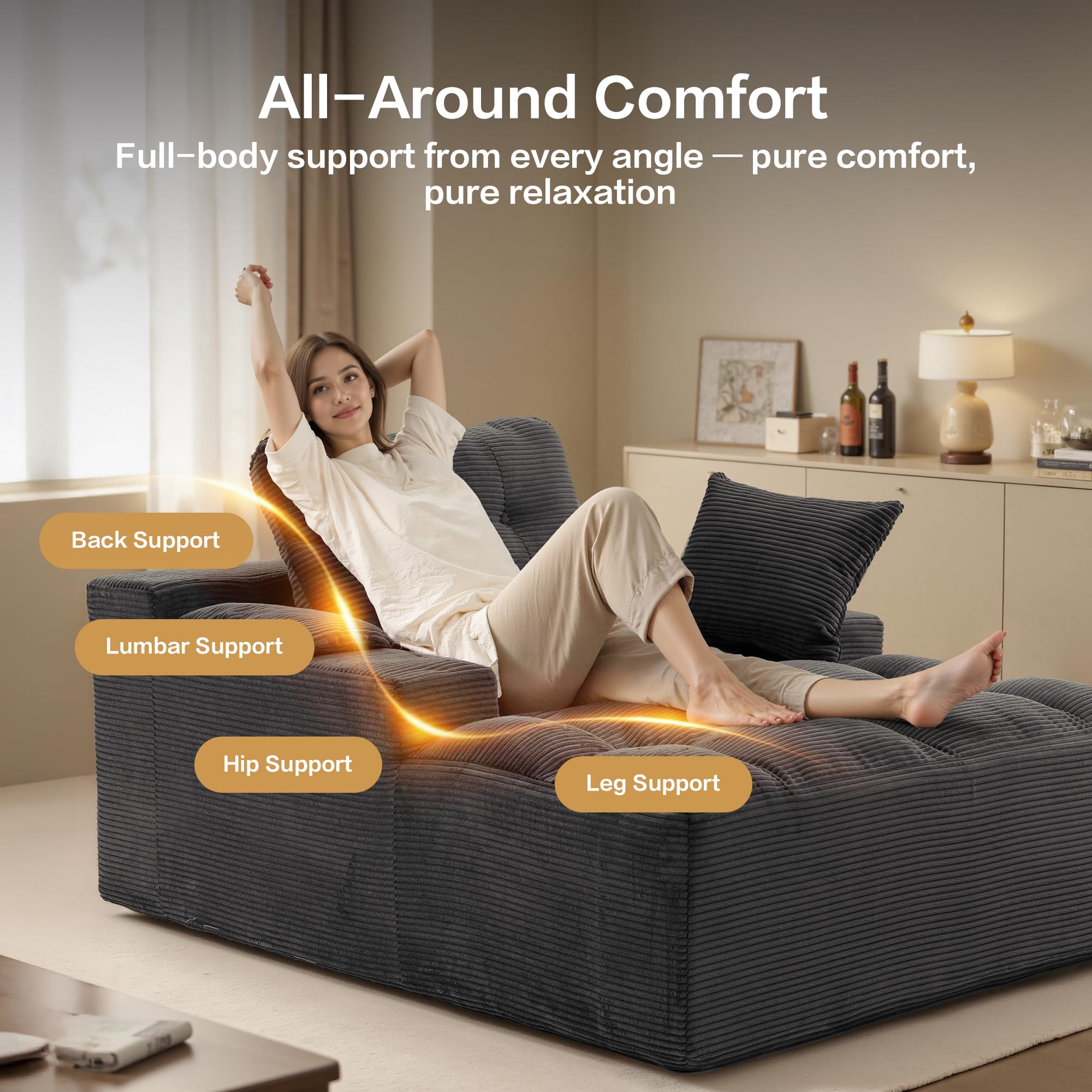 spanspace Oversized Chaise Lounge Chair Indoor, Plush Sleeper Sofa Couch Reading Chairs with Throw Pillows and Removable Armrest Pads for Living Room, No Assembly Required