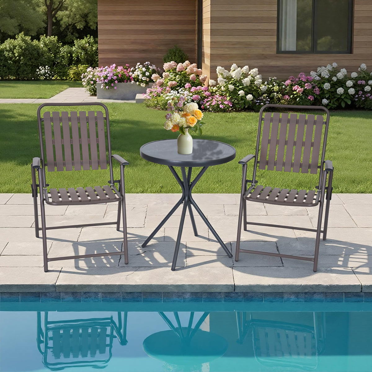 3-Piece Folding Bistro Set, Space-Saving, Waterproof Chairs & Table, Brown