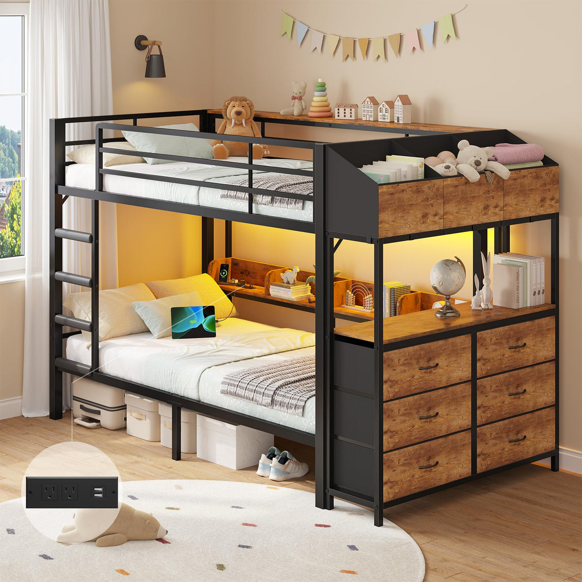Twin Bunk Bed with Storage & LED Lights