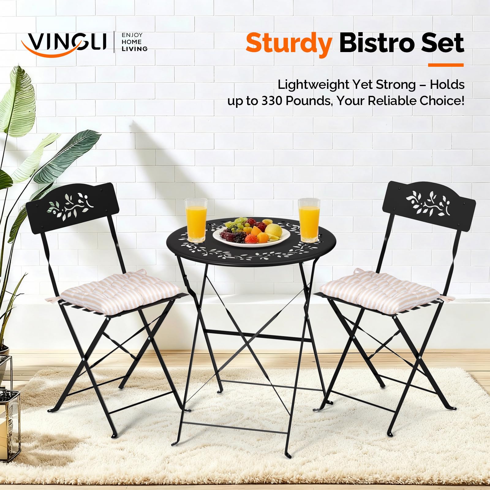 Outdoor Folding Bistro Set with Cushions – 3 Piece